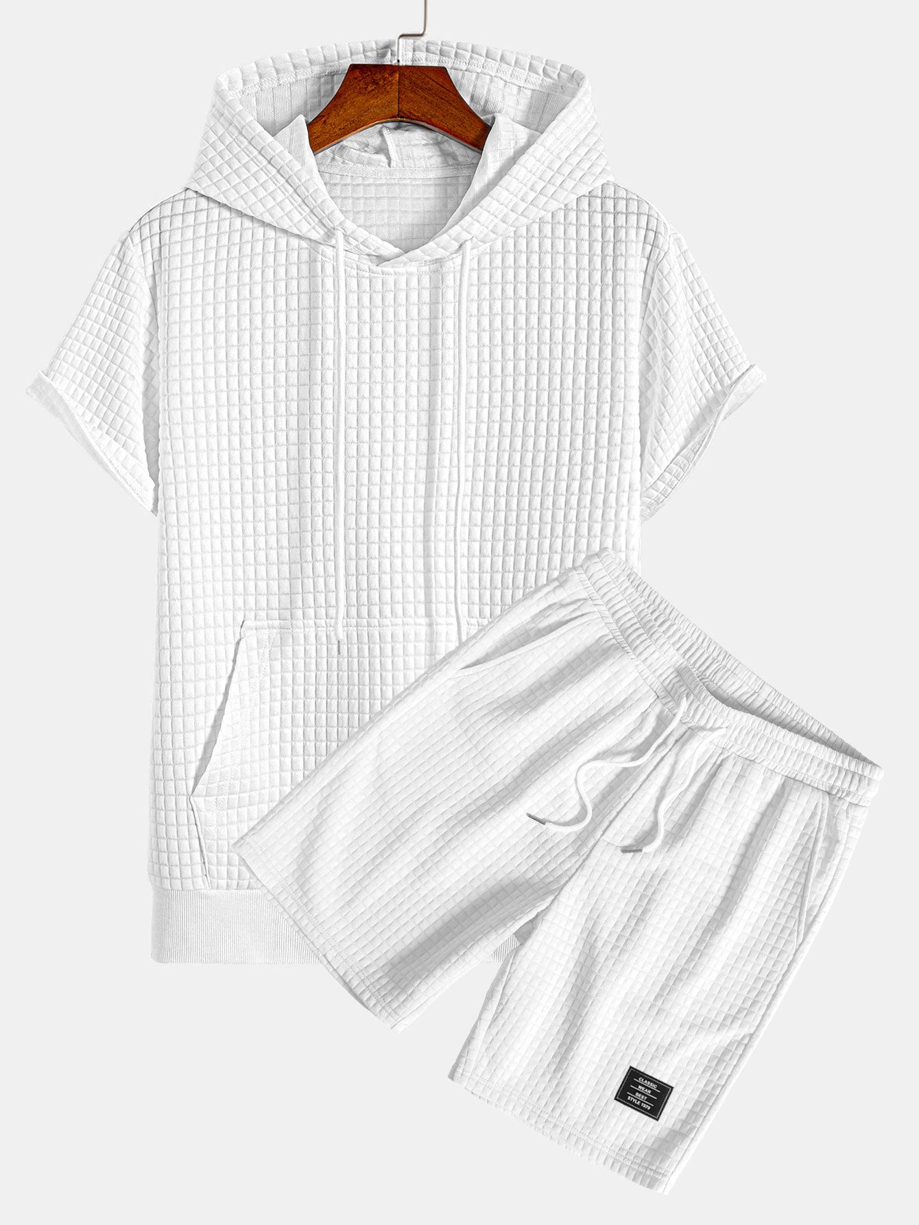 Short Sleeve Waffle Hoodie & Waffle Drawstring Shorts