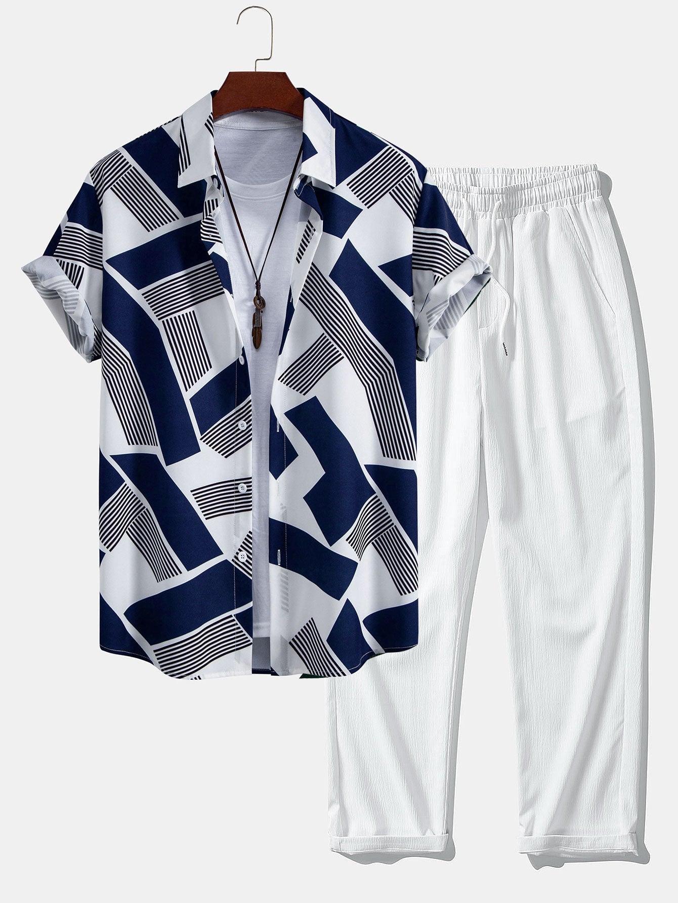 Color Block Geometry Print Button Up Shirt & Wrinkle Textured Straight Leg Pants