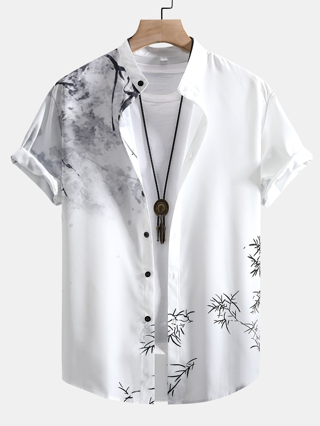 Traditional Oriental Ink Painting Print Stand Collar Shirt & Drawstring Swim Shorts