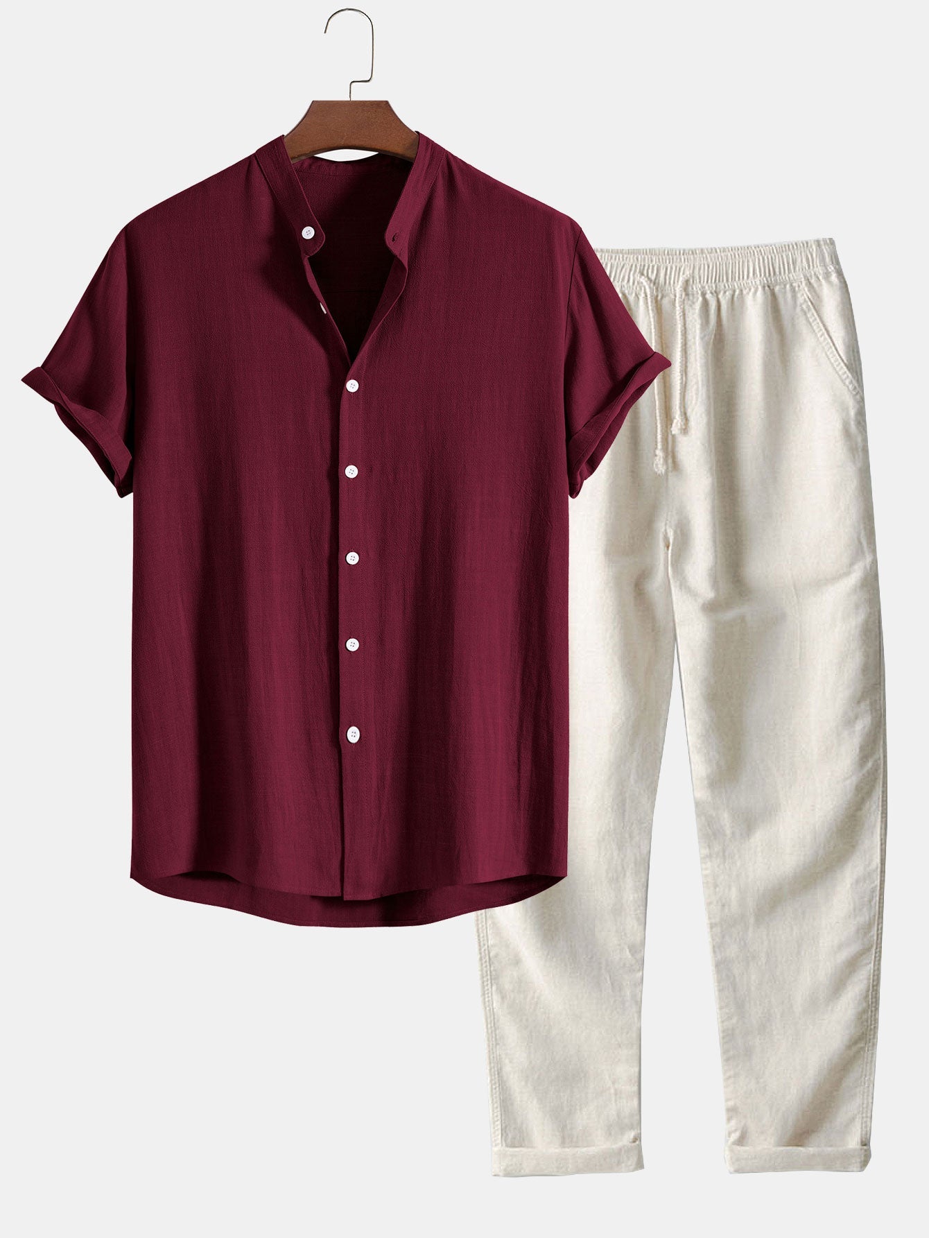 Linen And Rayon Blend Stand Collar Shirt & Straight Leg Linen Pants