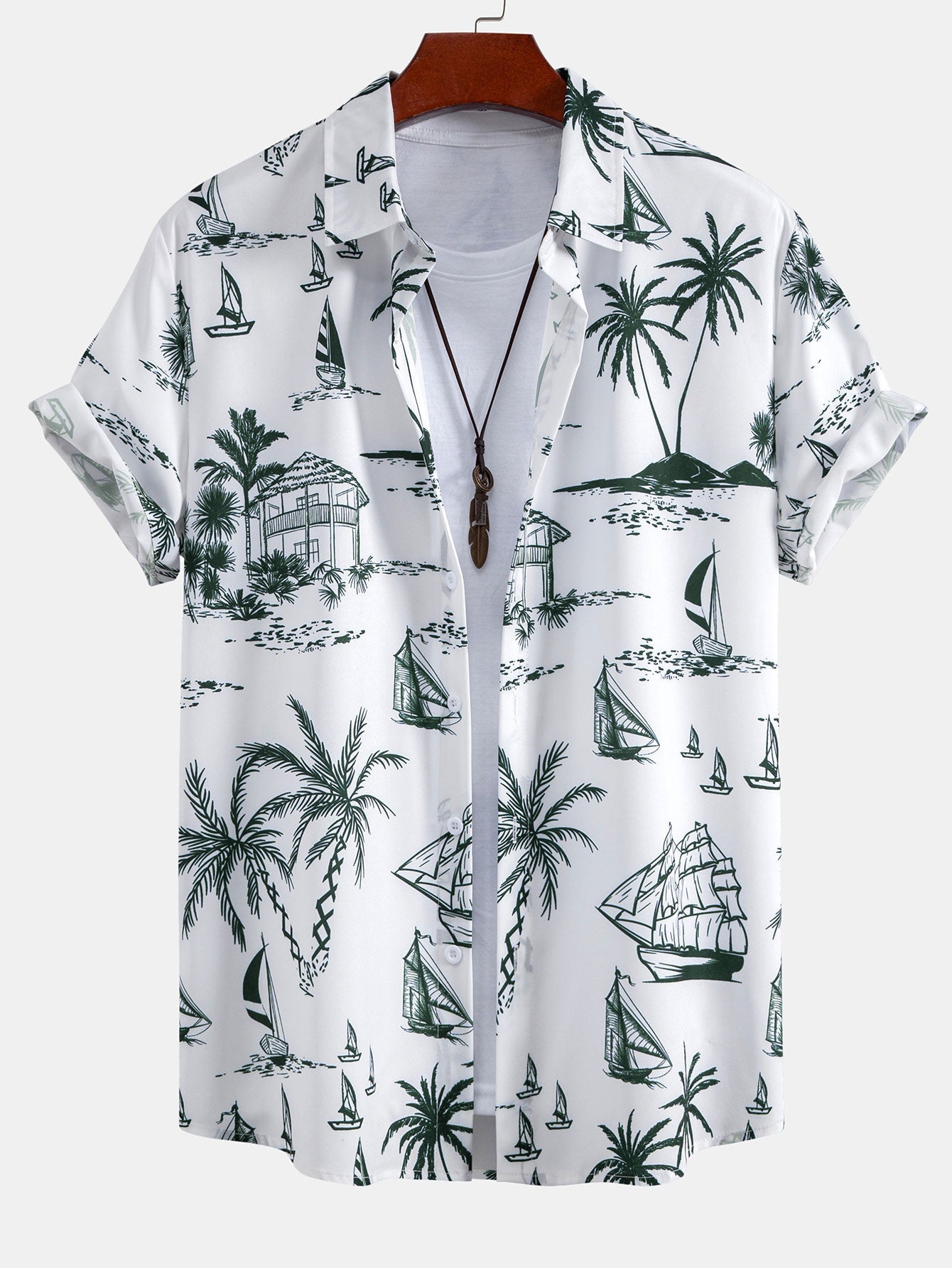 Island Sailing Print Button Up Shirt & Solid Drawstring Swim Shorts