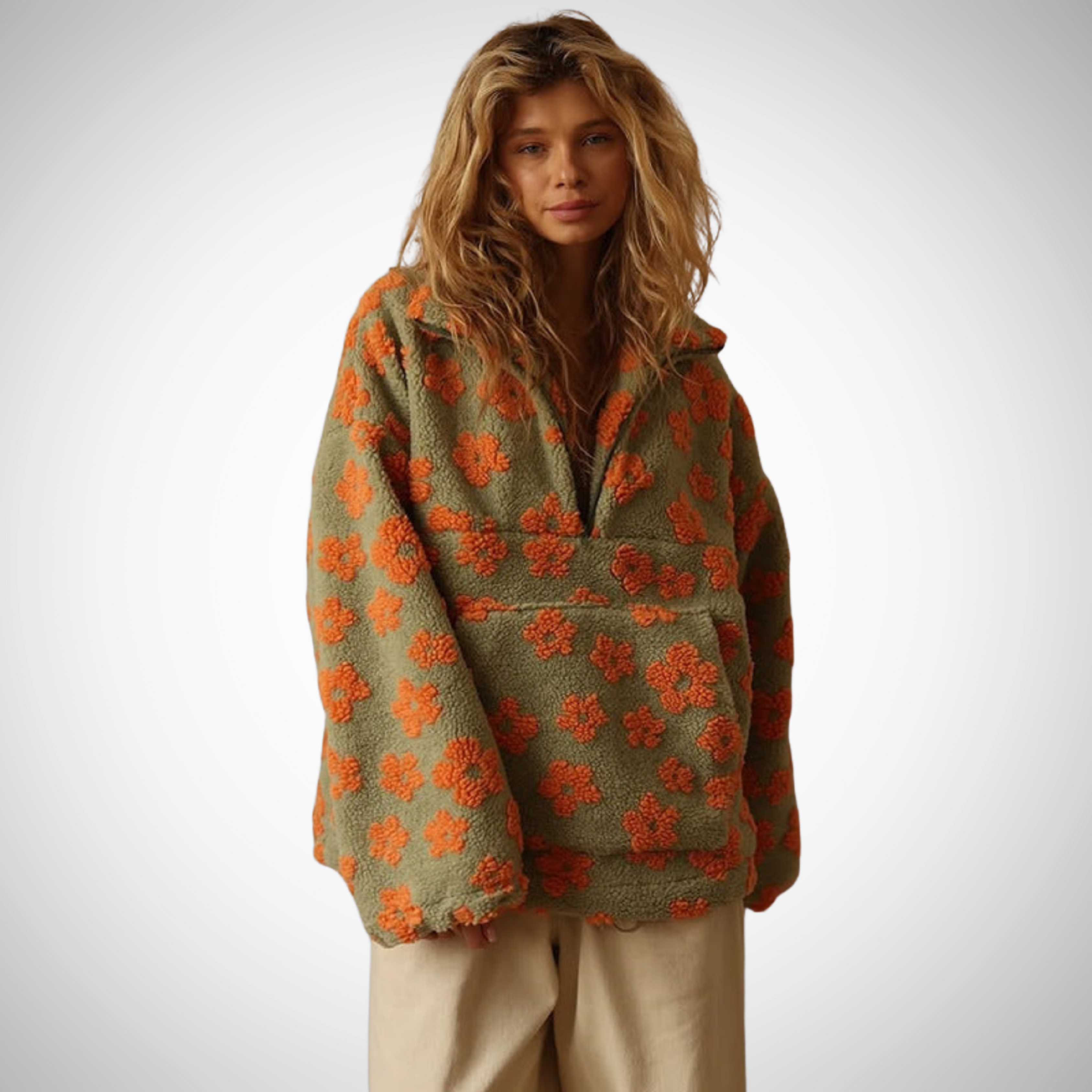 Elena - Pull fleuri en polaire sherpa avec demi-zip