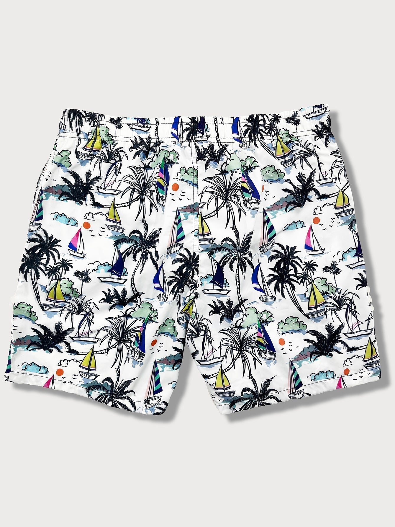 Linen Rayon Blend Button Up Shirt & Palm Tree Sailboat Print Swim Shorts