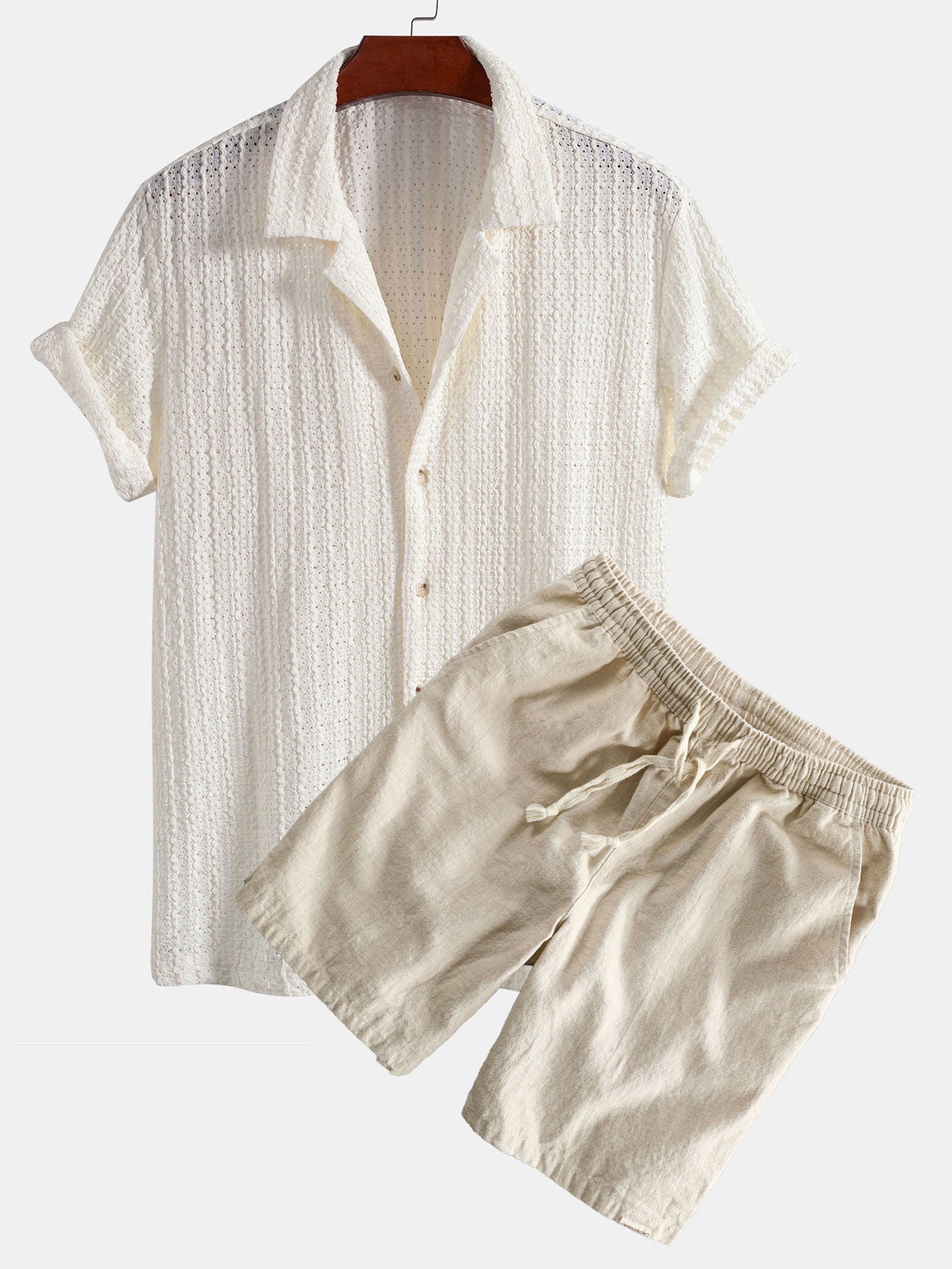 Texture Jacquard Cuban Shirt & Linen Cotton Blend Drawstring Shorts