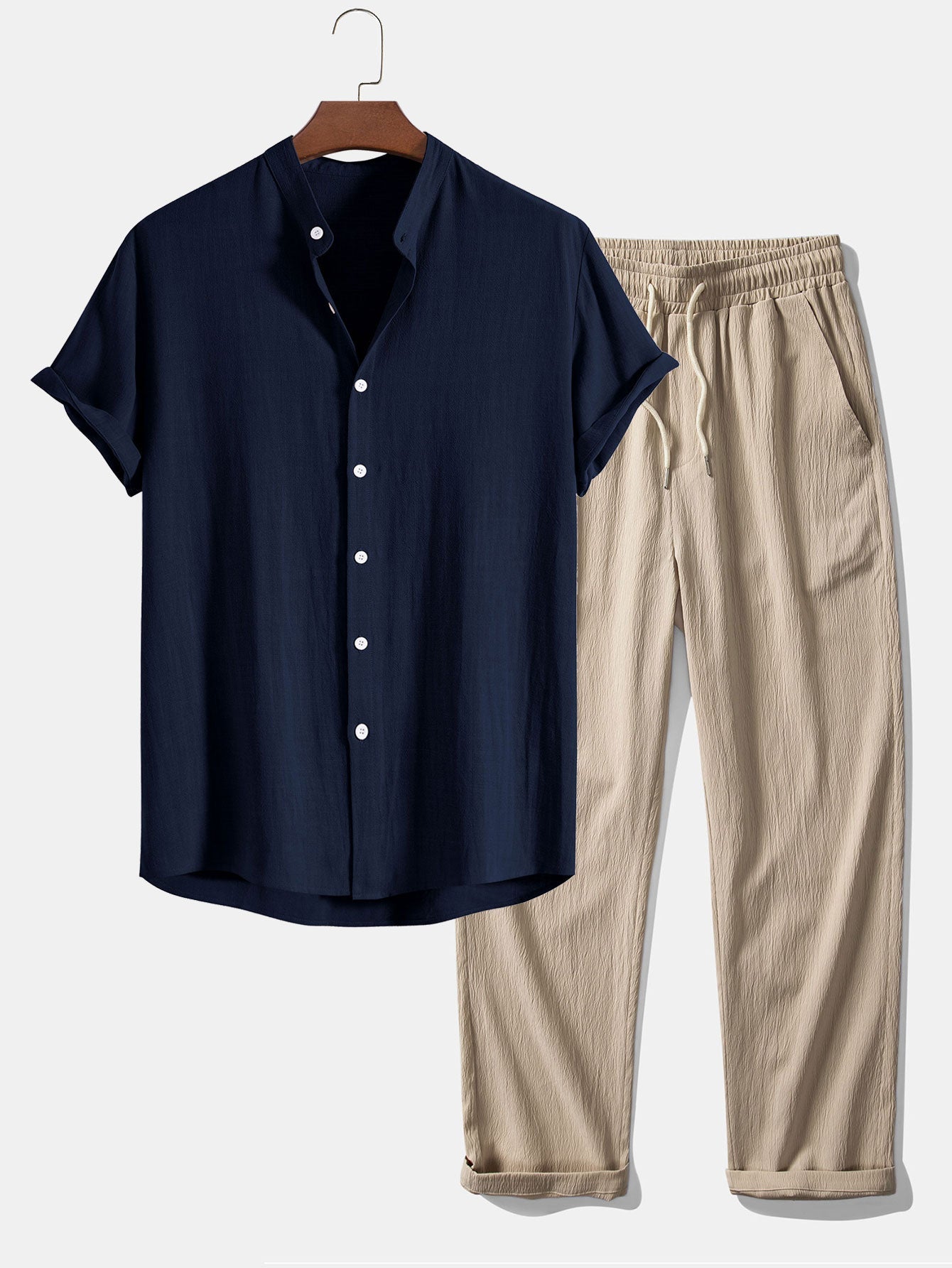 Linen And Rayon Blend Stand Collar Shirt & Wrinkle Textured Straight Leg Pants