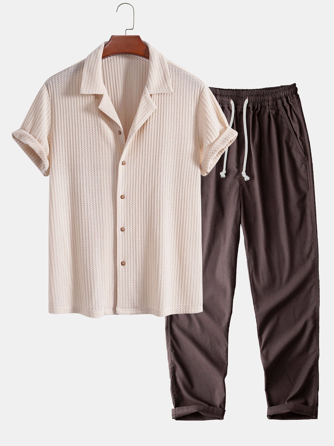 Short Sleeve Knitted Waffle Cuban Shirt & Straight Leg Linen Pants