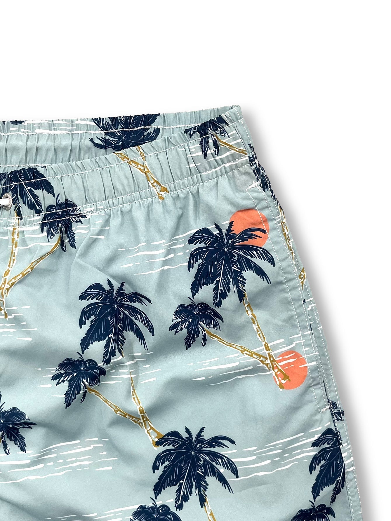 Linen Rayon Blend Button Up Shirt & Palm Tree Sunset Print Swim Shorts