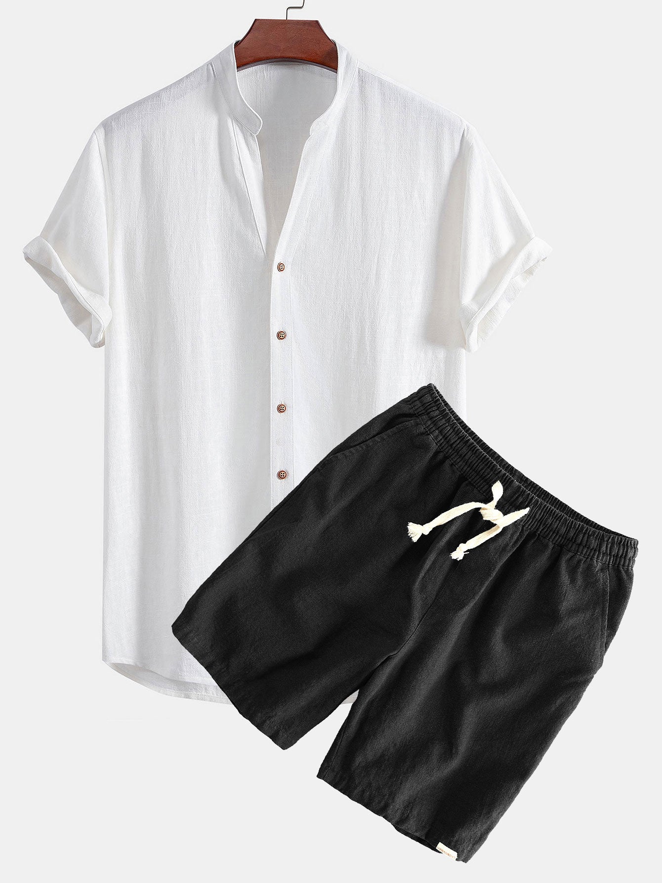 Short Sleeve V Neck Linen Rayon Blend Shirt & Linen Cotton Blend Drawstring Shorts