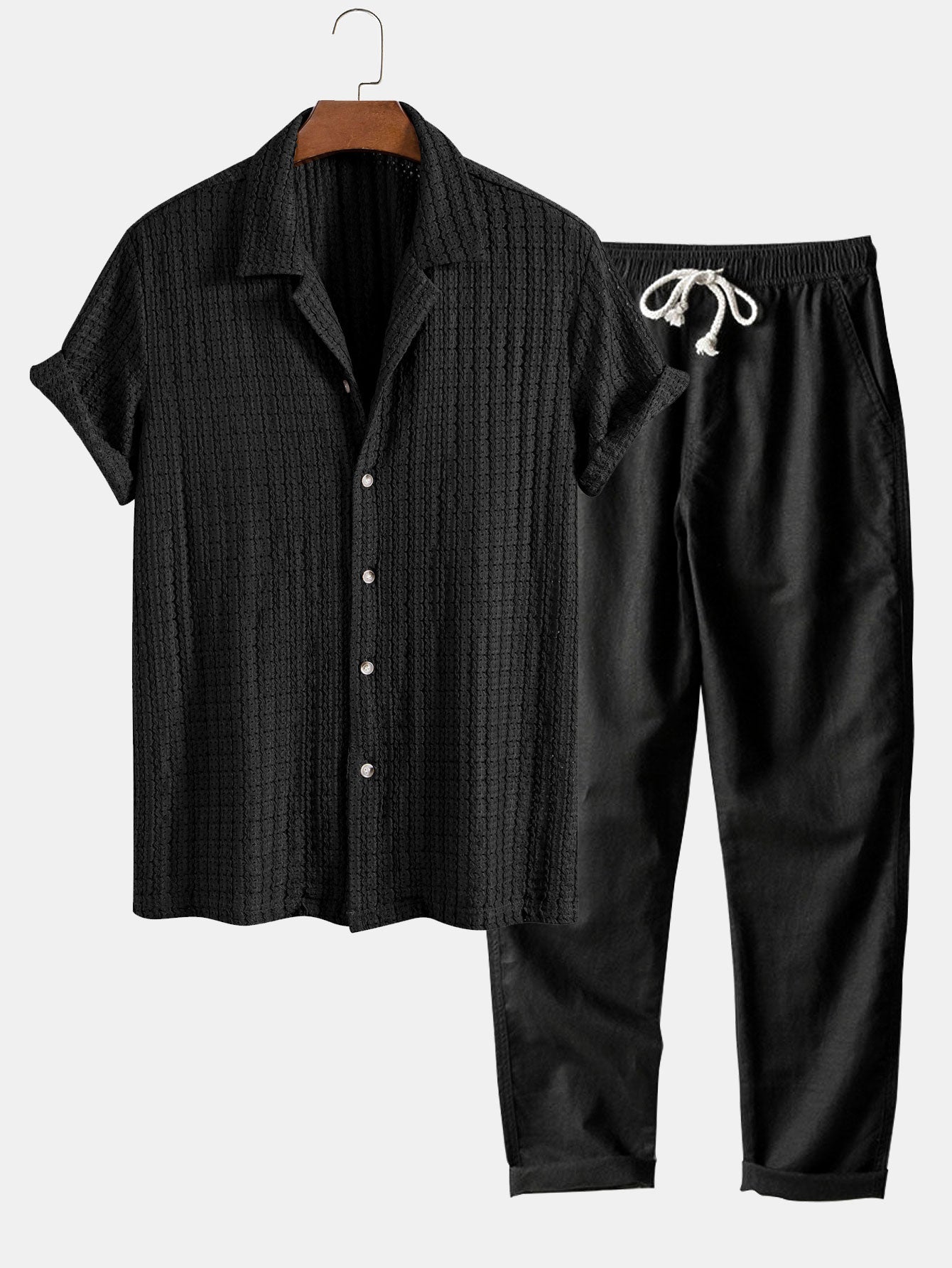 Texture Jacquard Cuban Shirt & Straight Leg Linen Pants