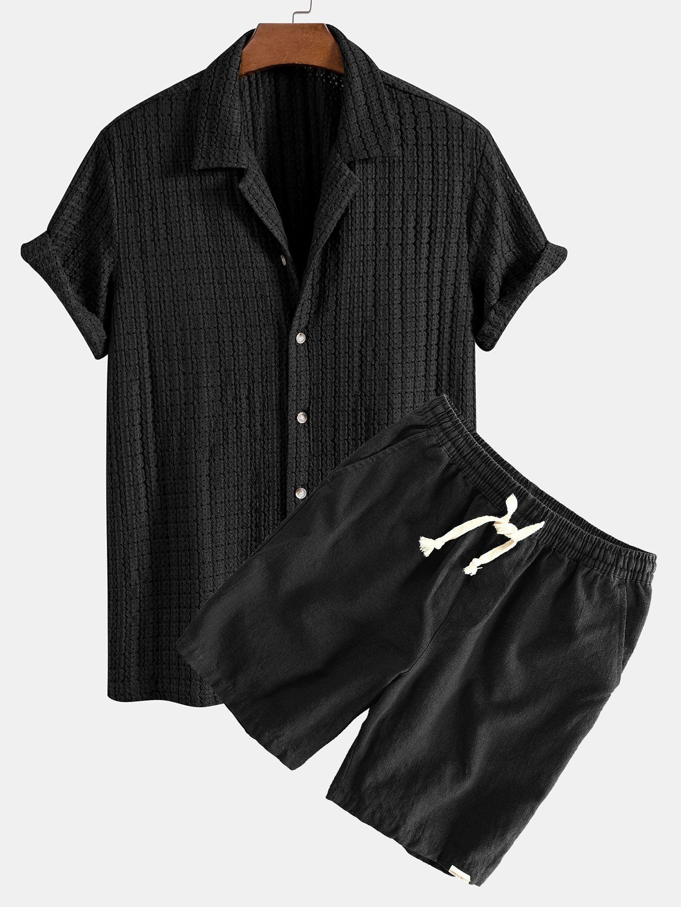 Texture Jacquard Cuban Shirt & Linen Cotton Blend Drawstring Shorts