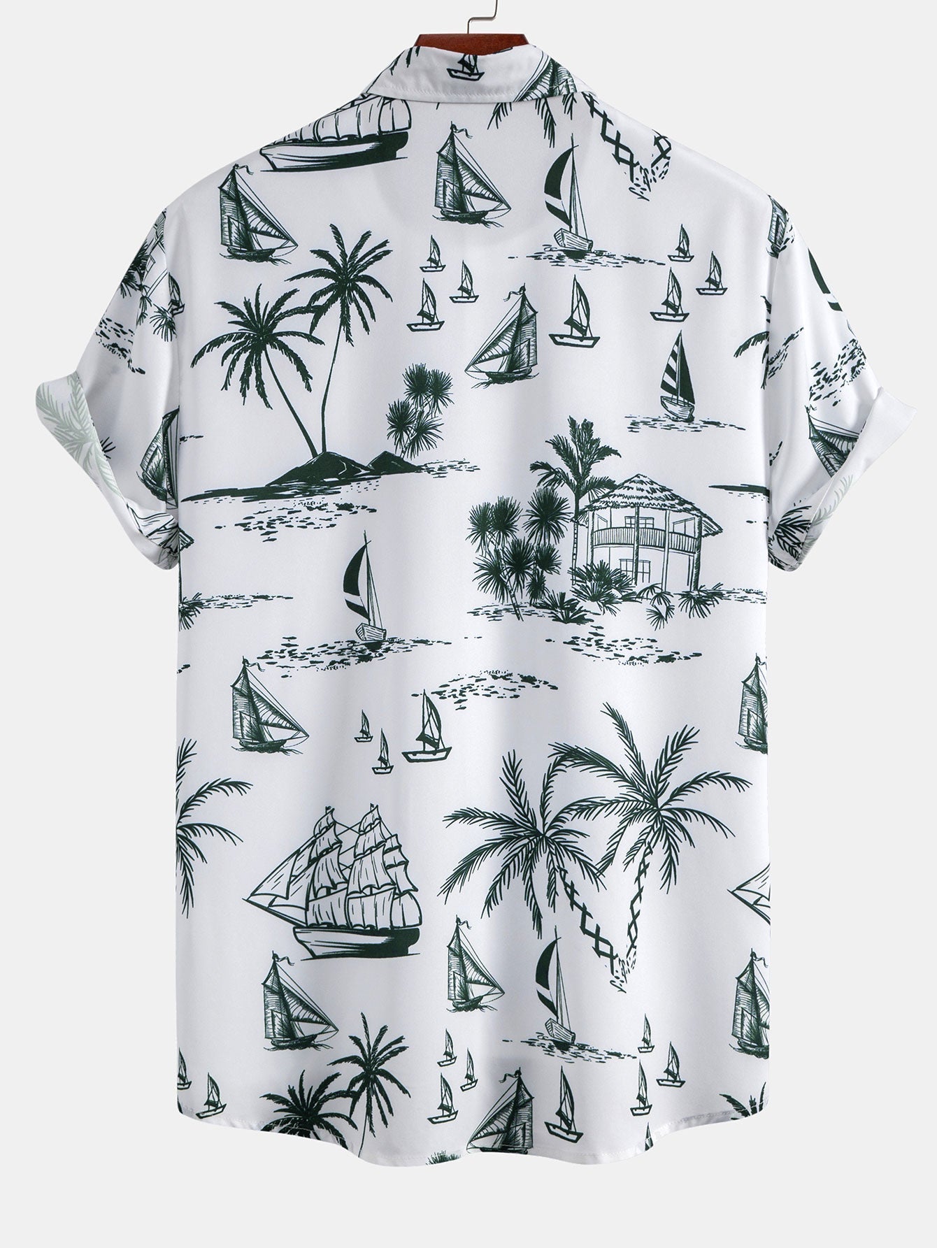 Island Sailing Print Button Up Shirt & Solid Drawstring Swim Shorts