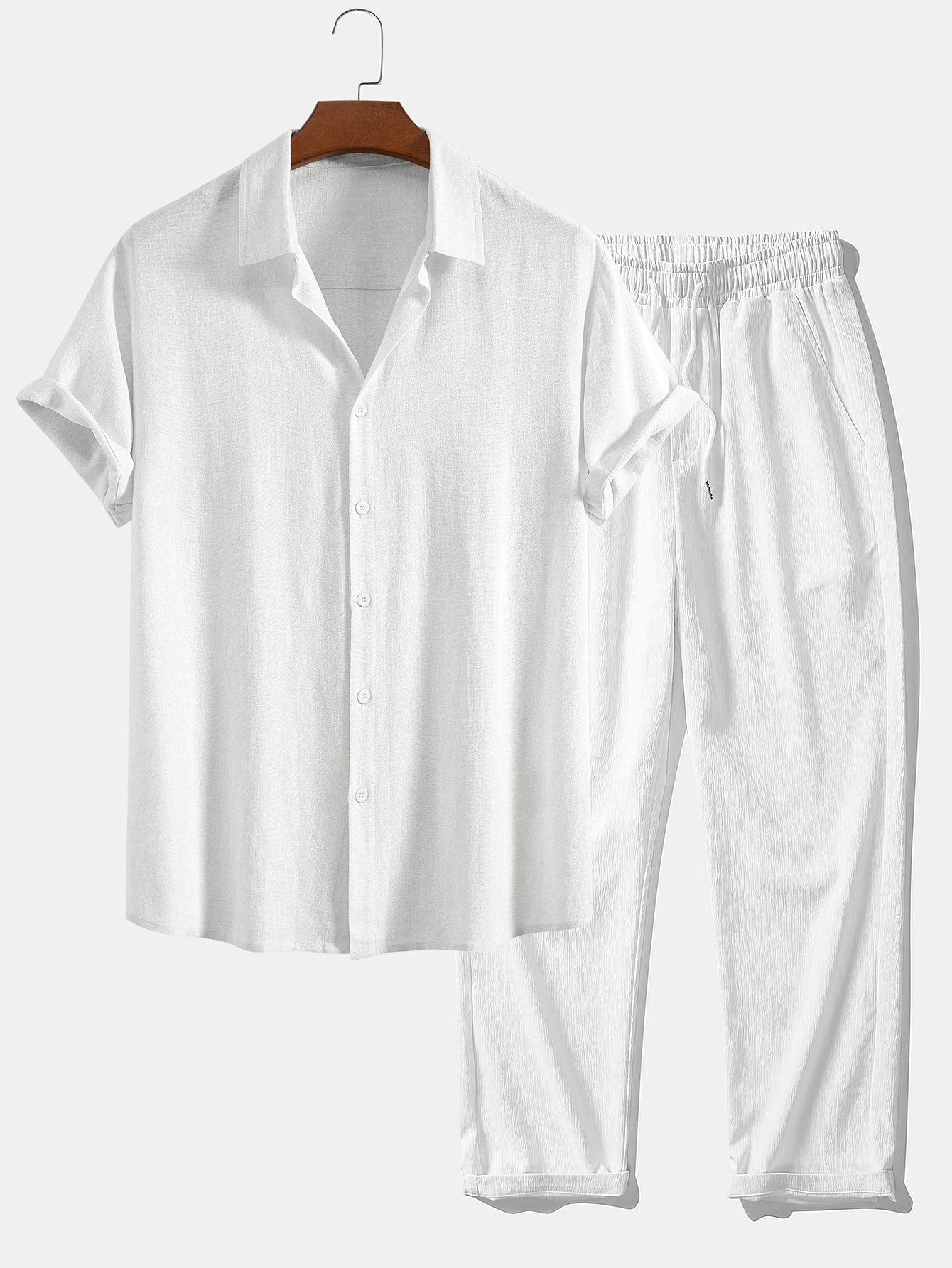 Linen Rayon Blend Button Up Shirt & Wrinkle Textured Straight Leg Pants