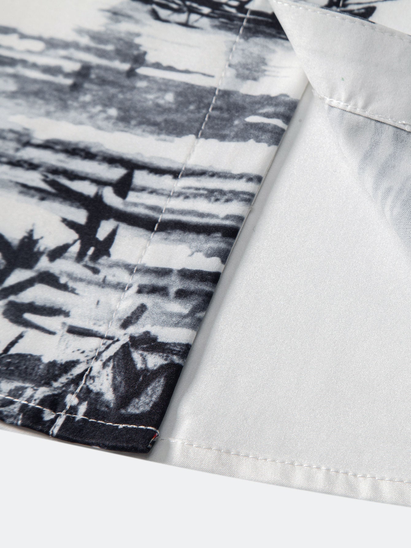 Ink Landscape Painting Stand Collar Shirt & Man Mid Length Drawstring Swim Shorts