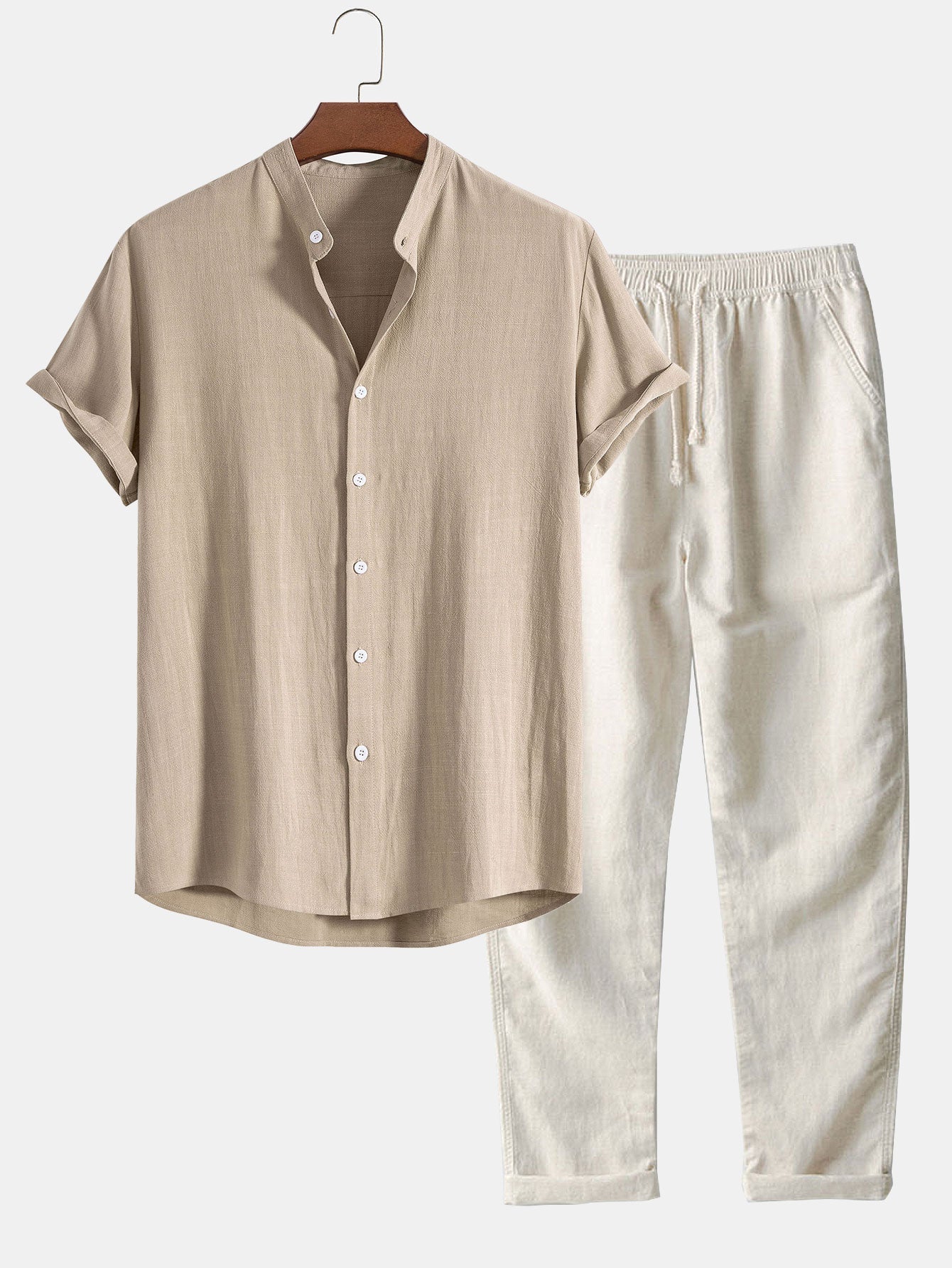 Linen And Rayon Blend Stand Collar Shirt & Straight Leg Linen Pants