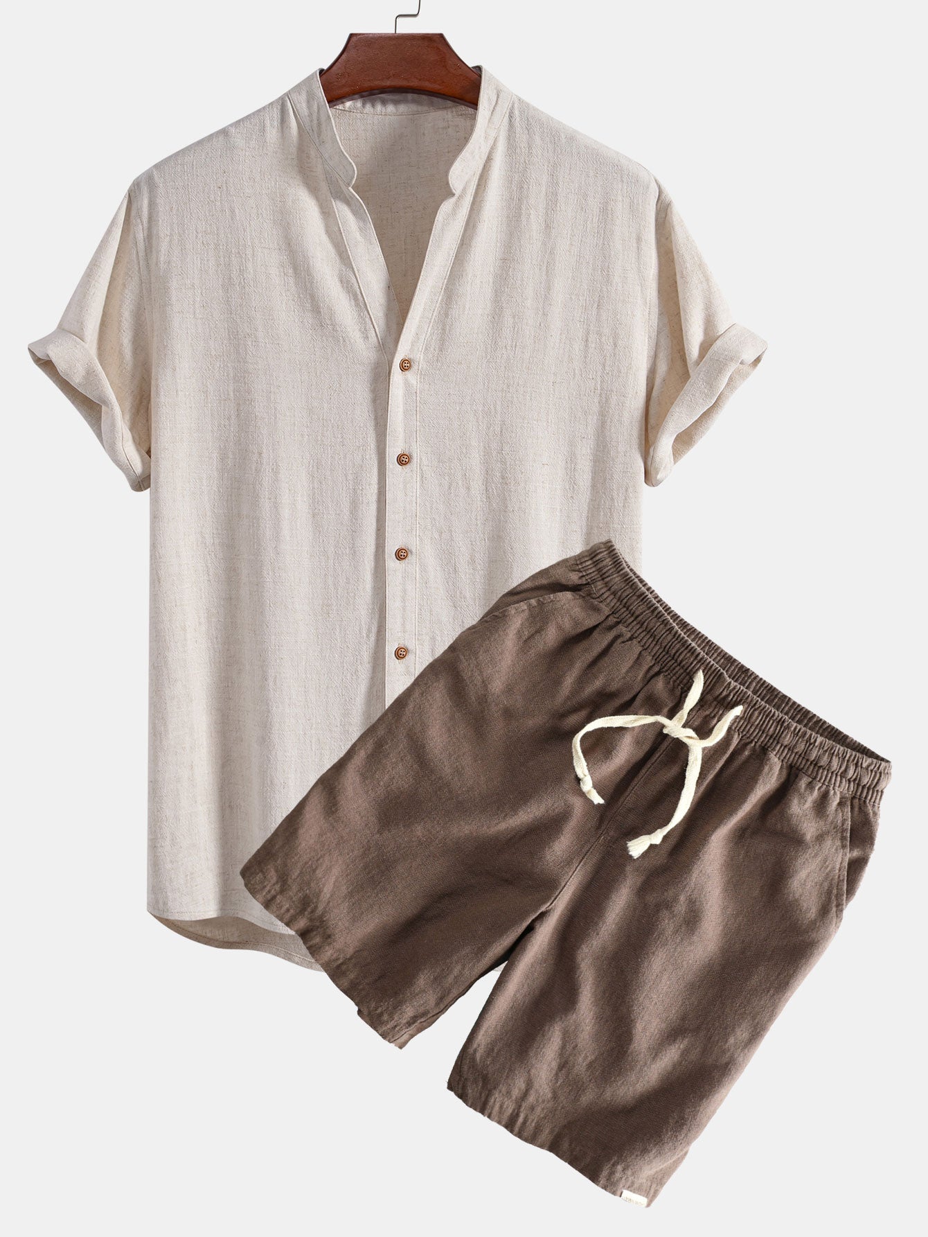 Short Sleeve V Neck Linen Rayon Blend Shirt & Linen Cotton Blend Drawstring Shorts