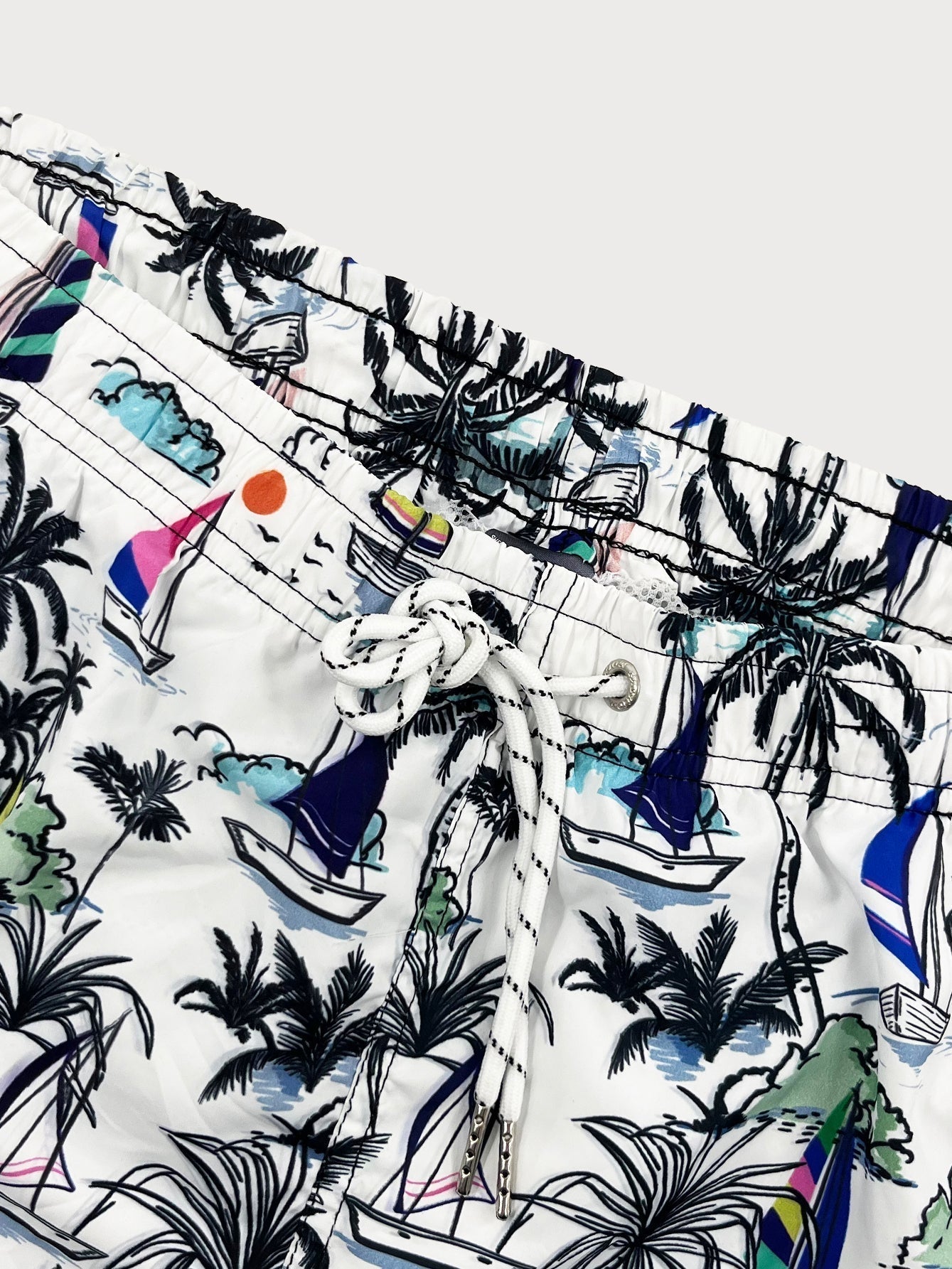 Linen Rayon Blend Button Up Shirt & Palm Tree Sailboat Print Swim Shorts