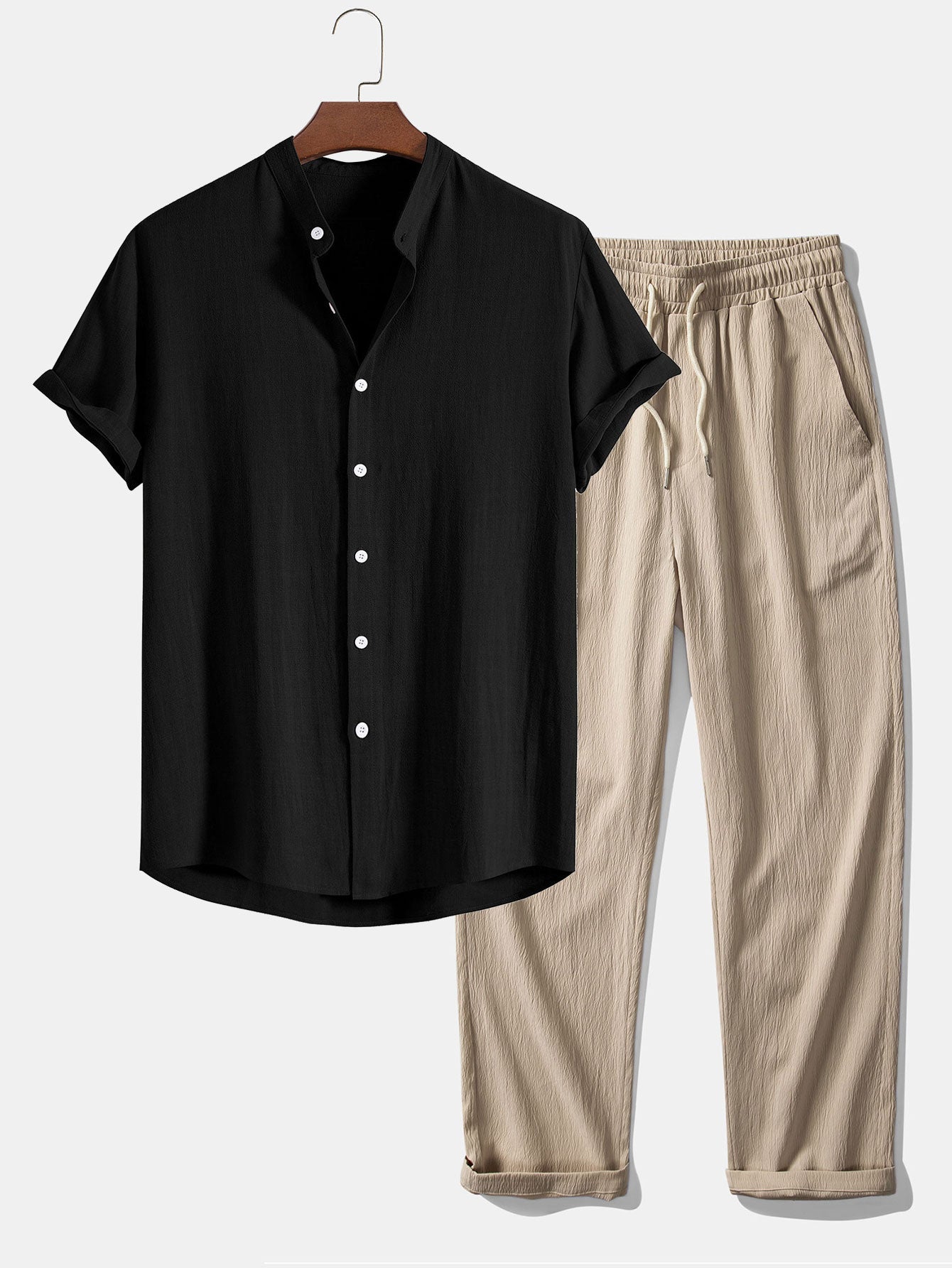 Linen And Rayon Blend Stand Collar Shirt & Wrinkle Textured Straight Leg Pants