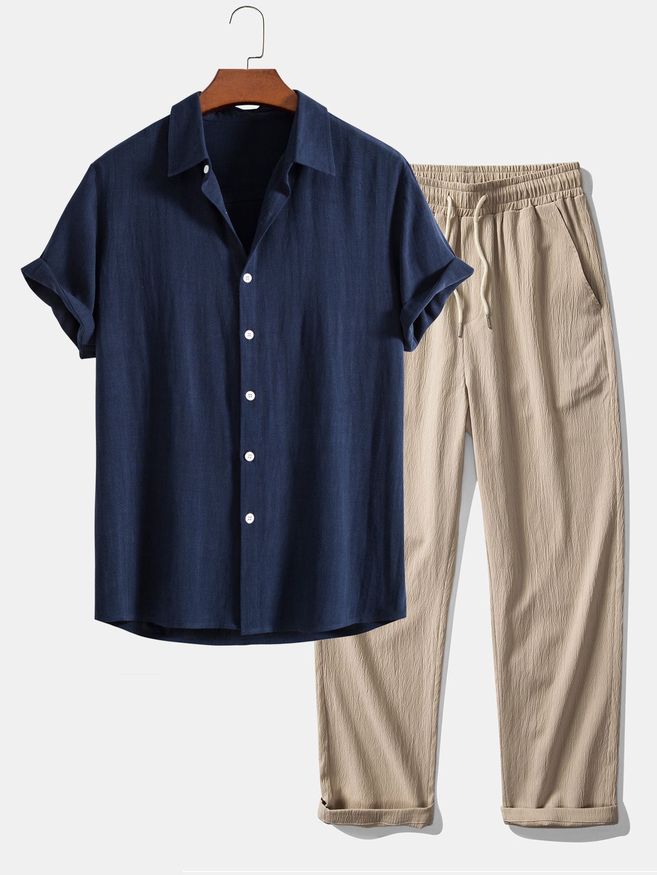 Linen Rayon Blend Button Up Shirt & Wrinkle Textured Straight Leg Pants