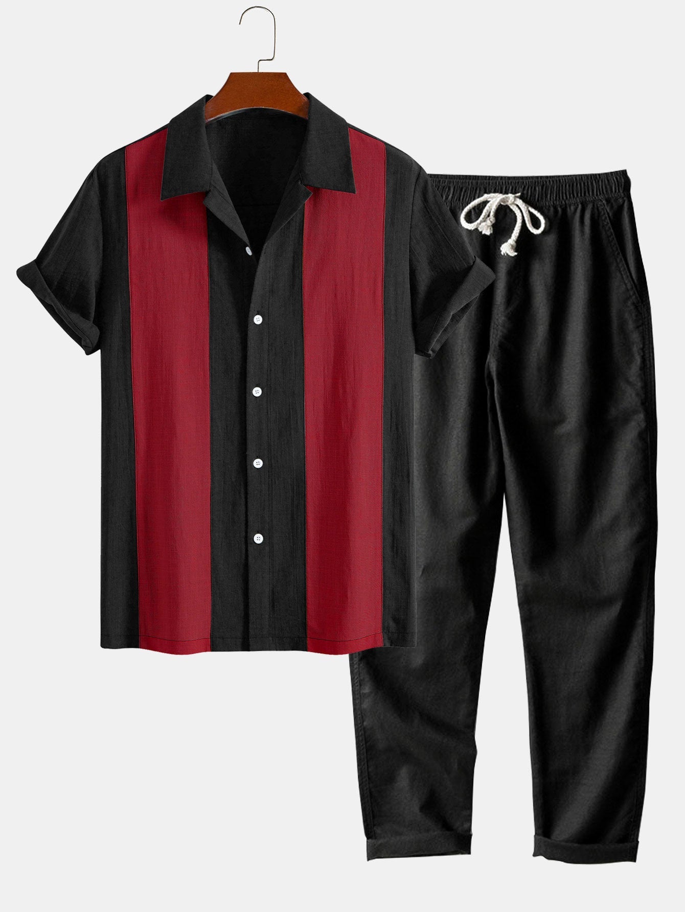 Linen Look Patchwork Bowling Shirt & Straight Leg Linen Pants