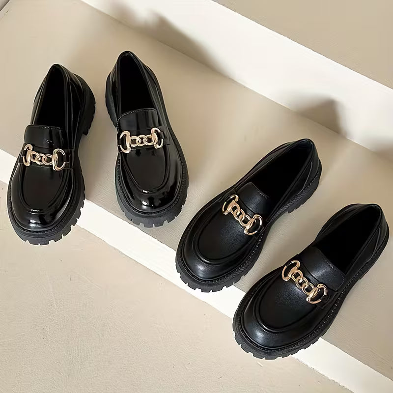 Mocassin Plateforme — Noir / Semelle épaisse / Sans lacets avec talon carré