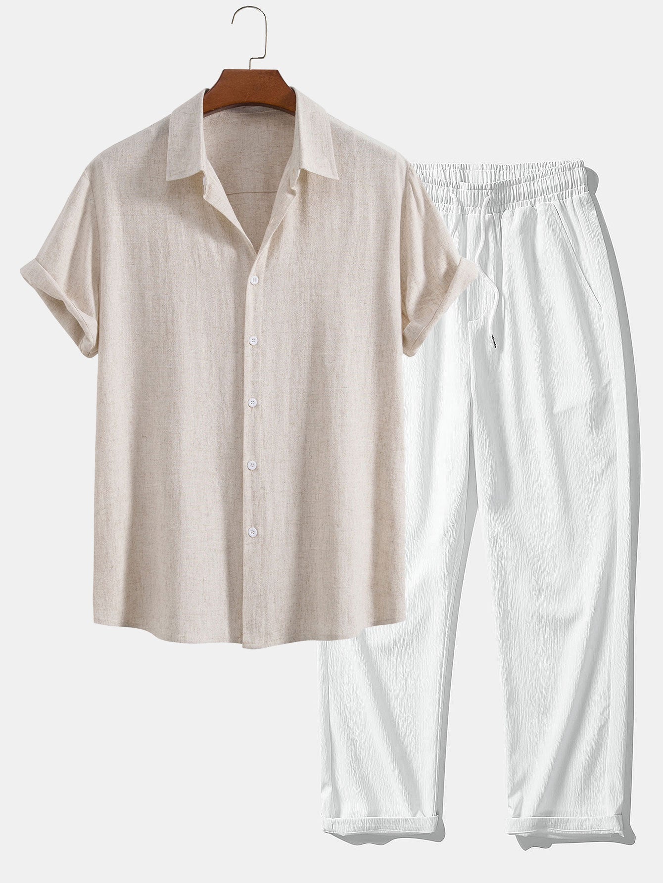 Linen Rayon Blend Button Up Shirt & Wrinkle Textured Straight Leg Pants