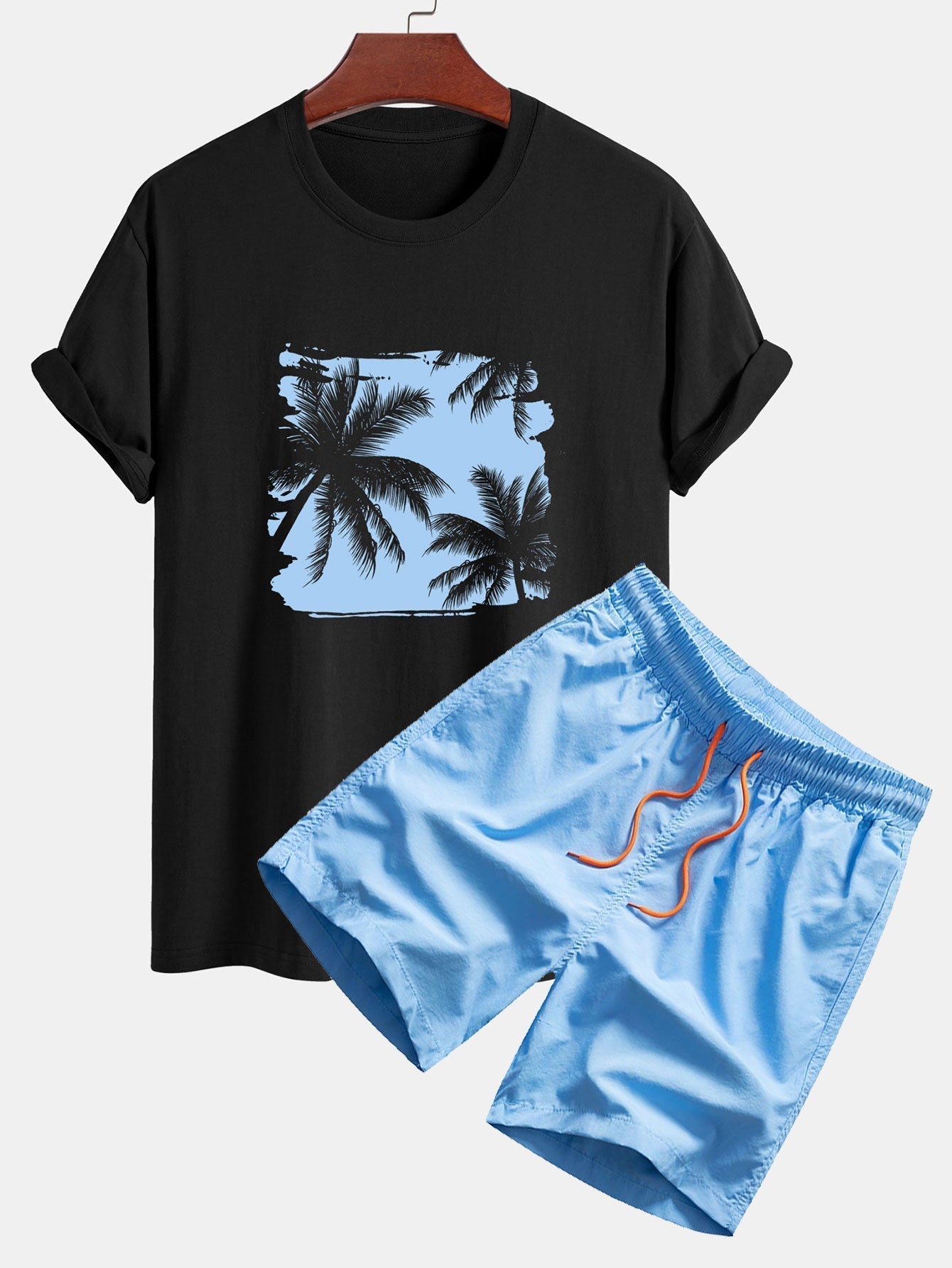 Regular Fit Palm Trees Silhouette Print Cotton T-Shirt & Swim Shorts