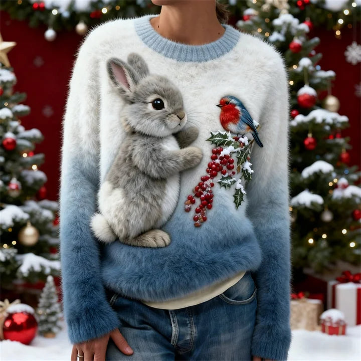 Suzette – Pull en Peluche avec un Lapin de Noël
