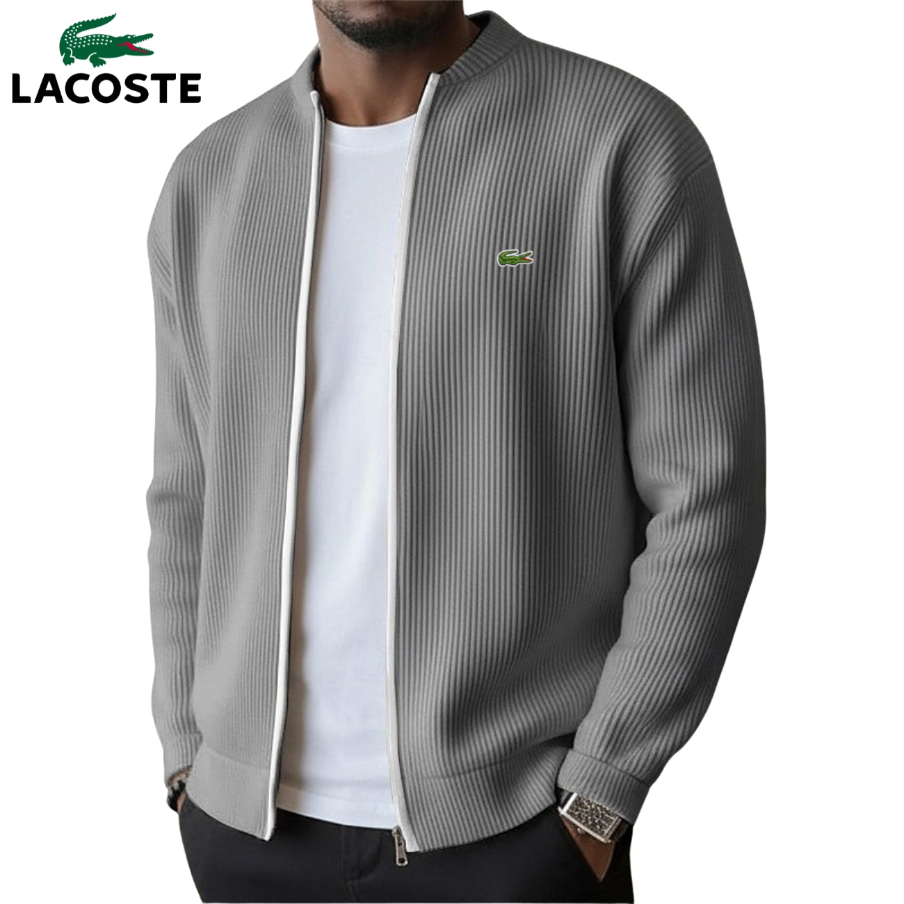 Lacoste — Pull Zippé en Maille Côtelée