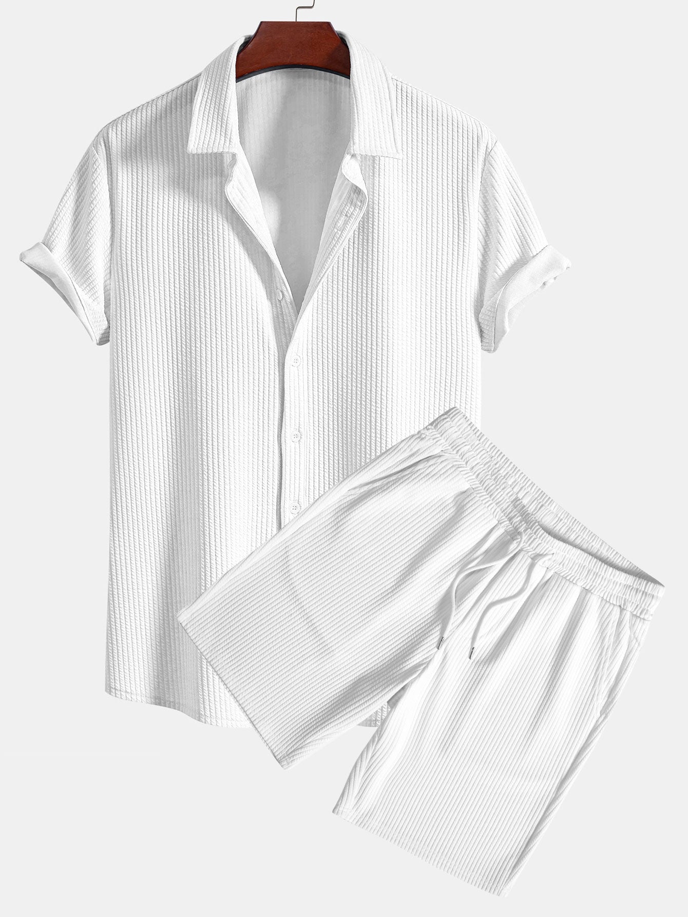 Muscle Fit Ribbed Button Up Shirt & Shorts