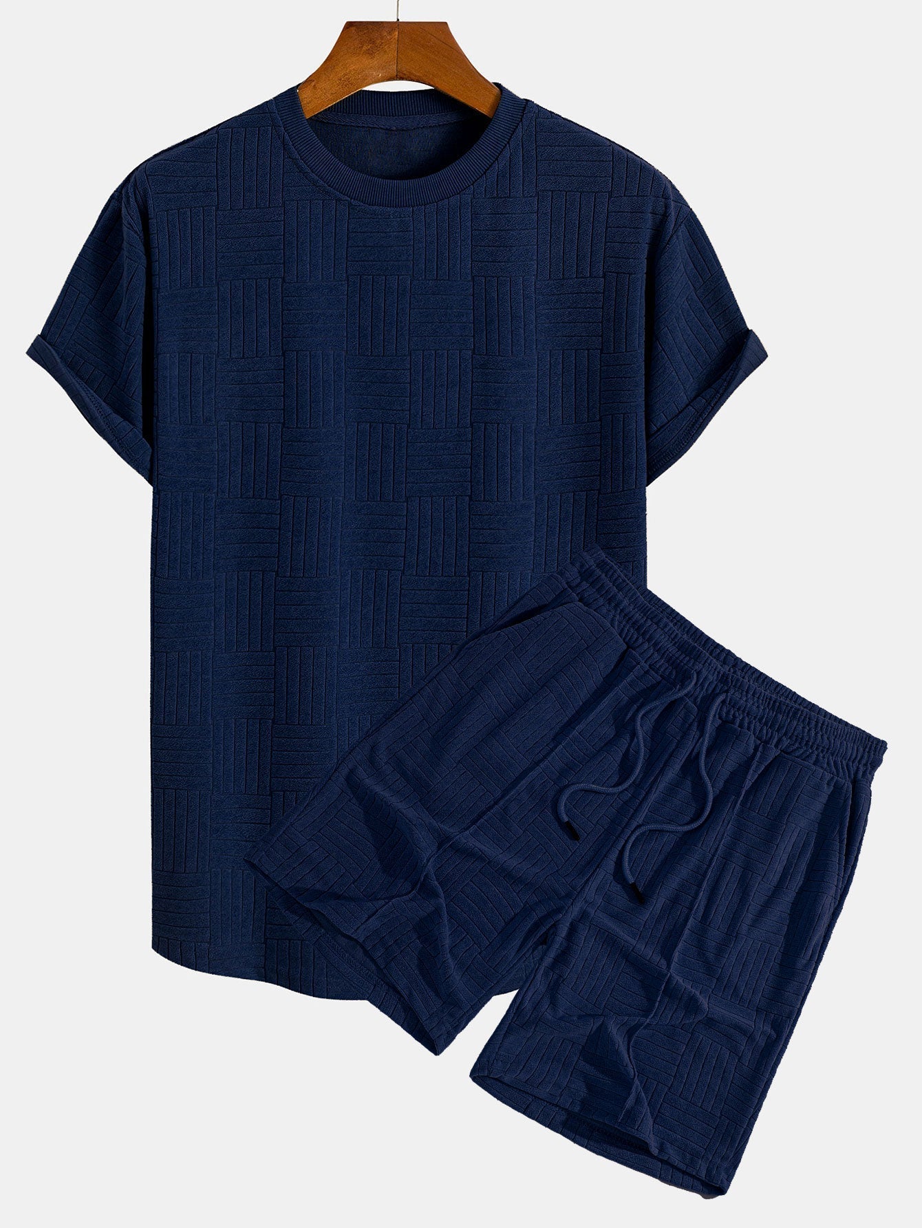 Striped Towelling Texture Arc Hem T-Shirt & Shorts