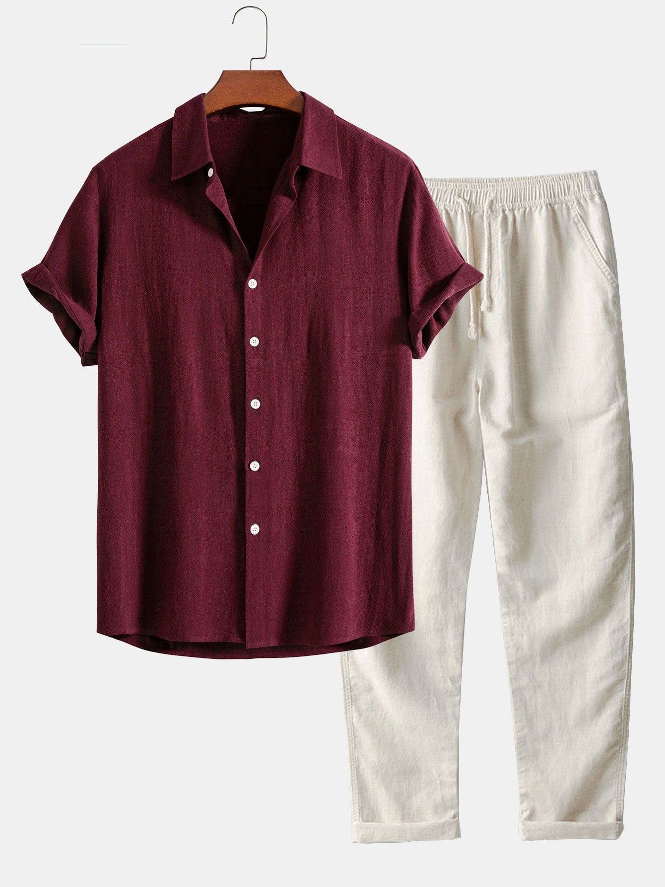 Linen Rayon Blend Button Up Shirt & Straight Leg Linen Pants