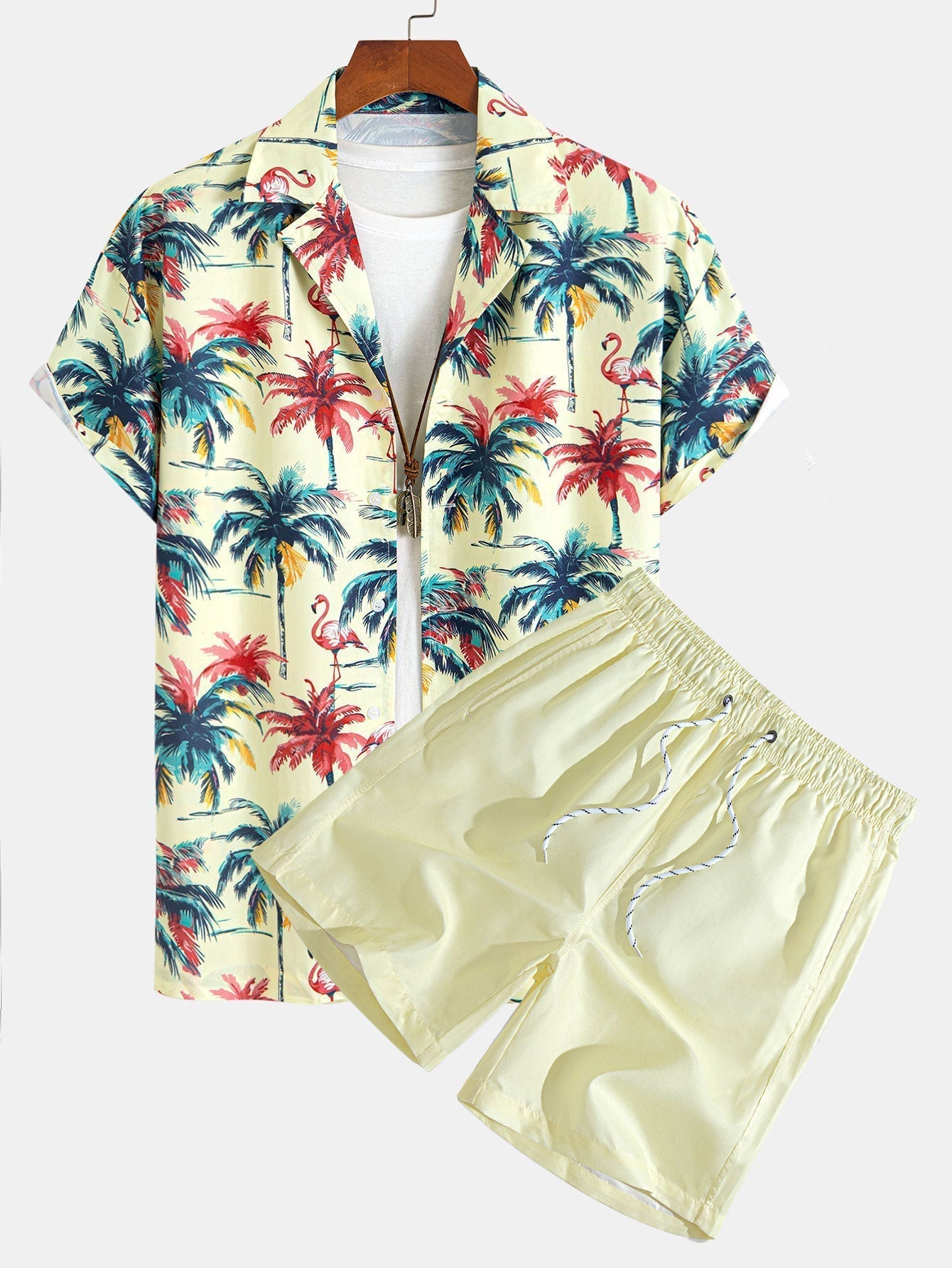 Relax Fit Flamingo Tropical Palm Tree Print Button Up Shirt & Swim Short