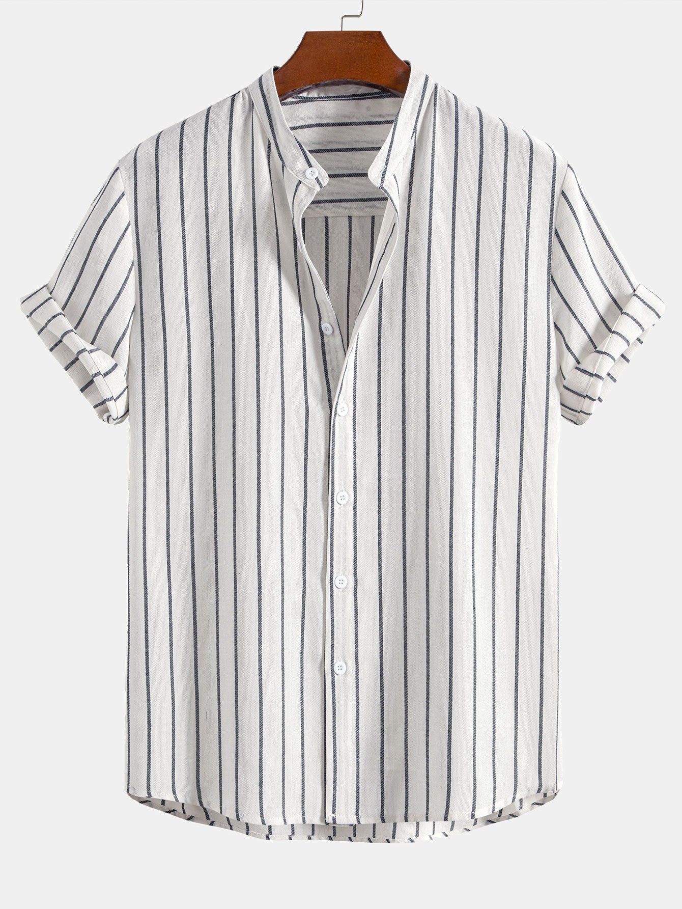 Cotton Blend Striped Stand Collar Shirt & Straight Leg Linen Pants
