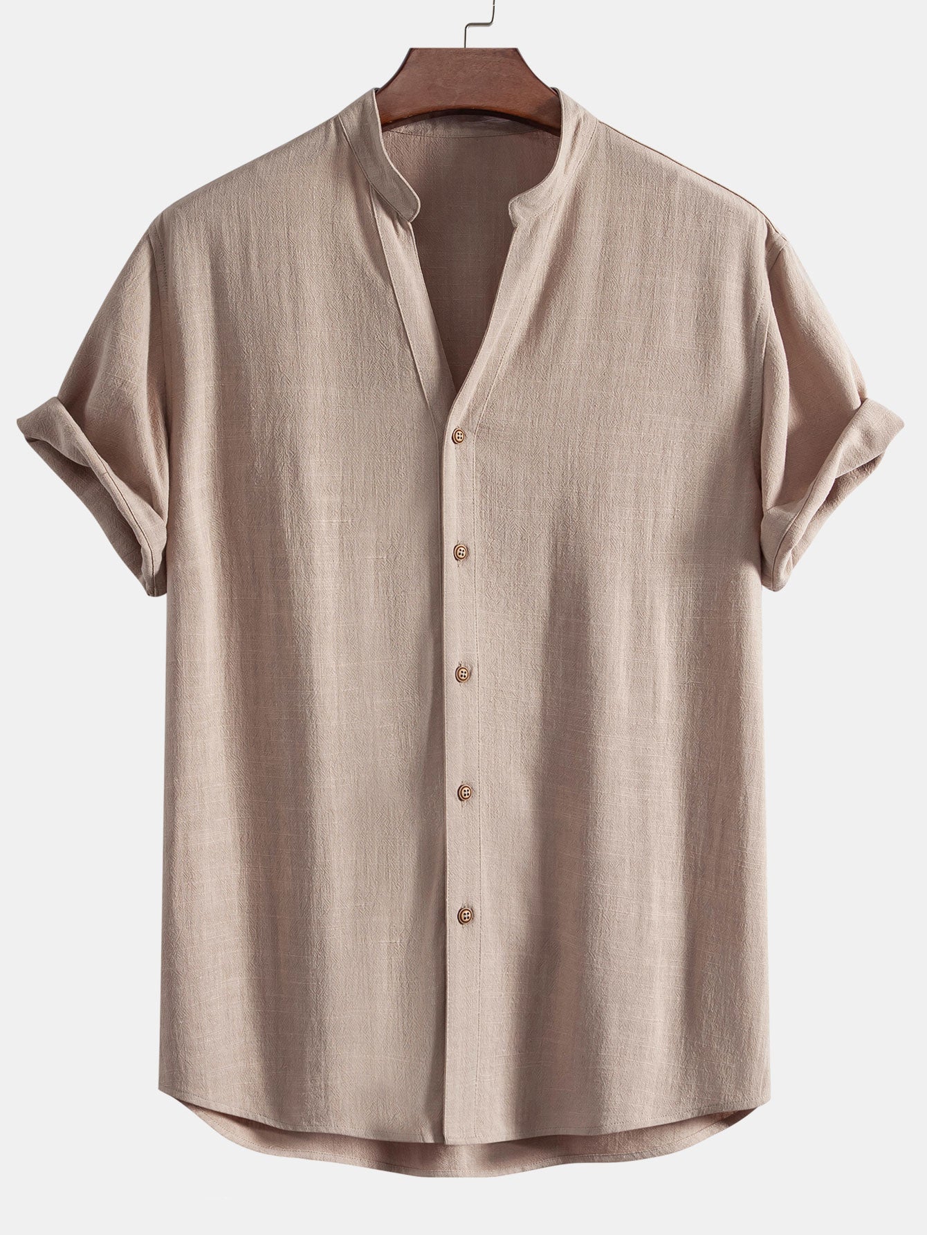 Short Sleeve V Neck Linen Rayon Blend Shirt & Wrinkle Textured Straight Leg Pants