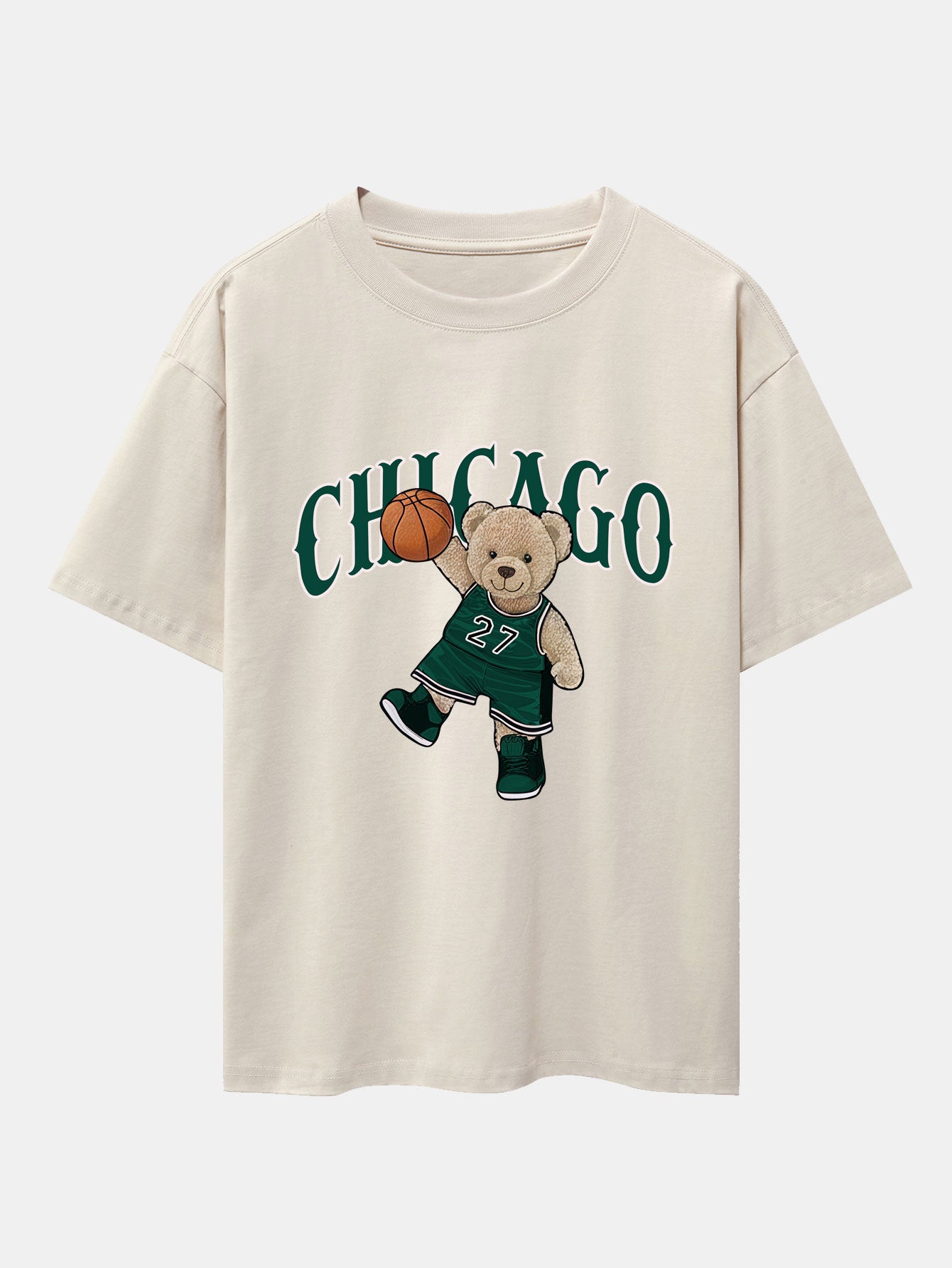 Chicago Basketball Bear Print Drop Shoulder Oversize T-Shirt & Drawstring Corduroy Shorts