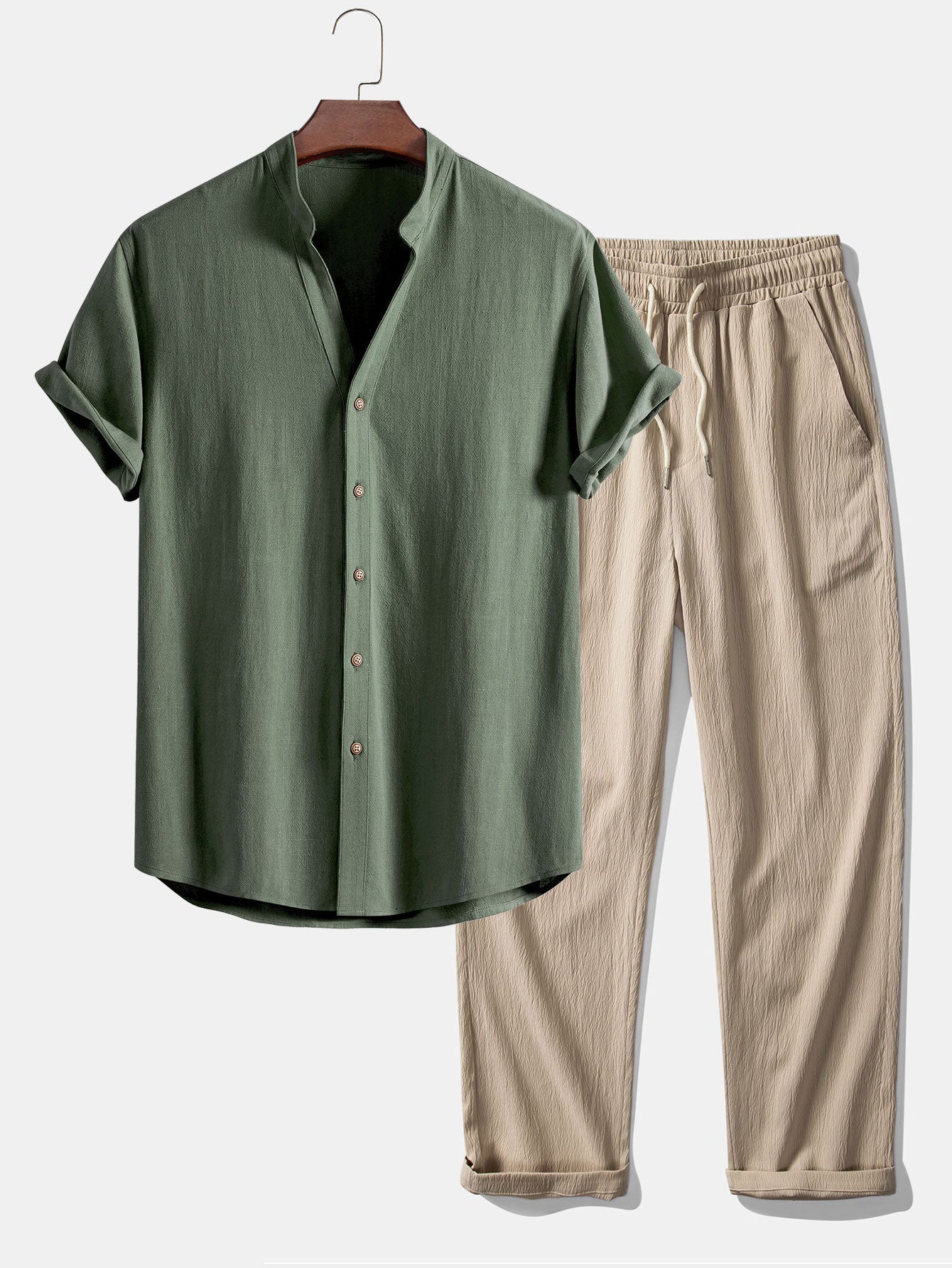 Short Sleeve V Neck Linen Rayon Blend Shirt & Wrinkle Textured Straight Leg Pants