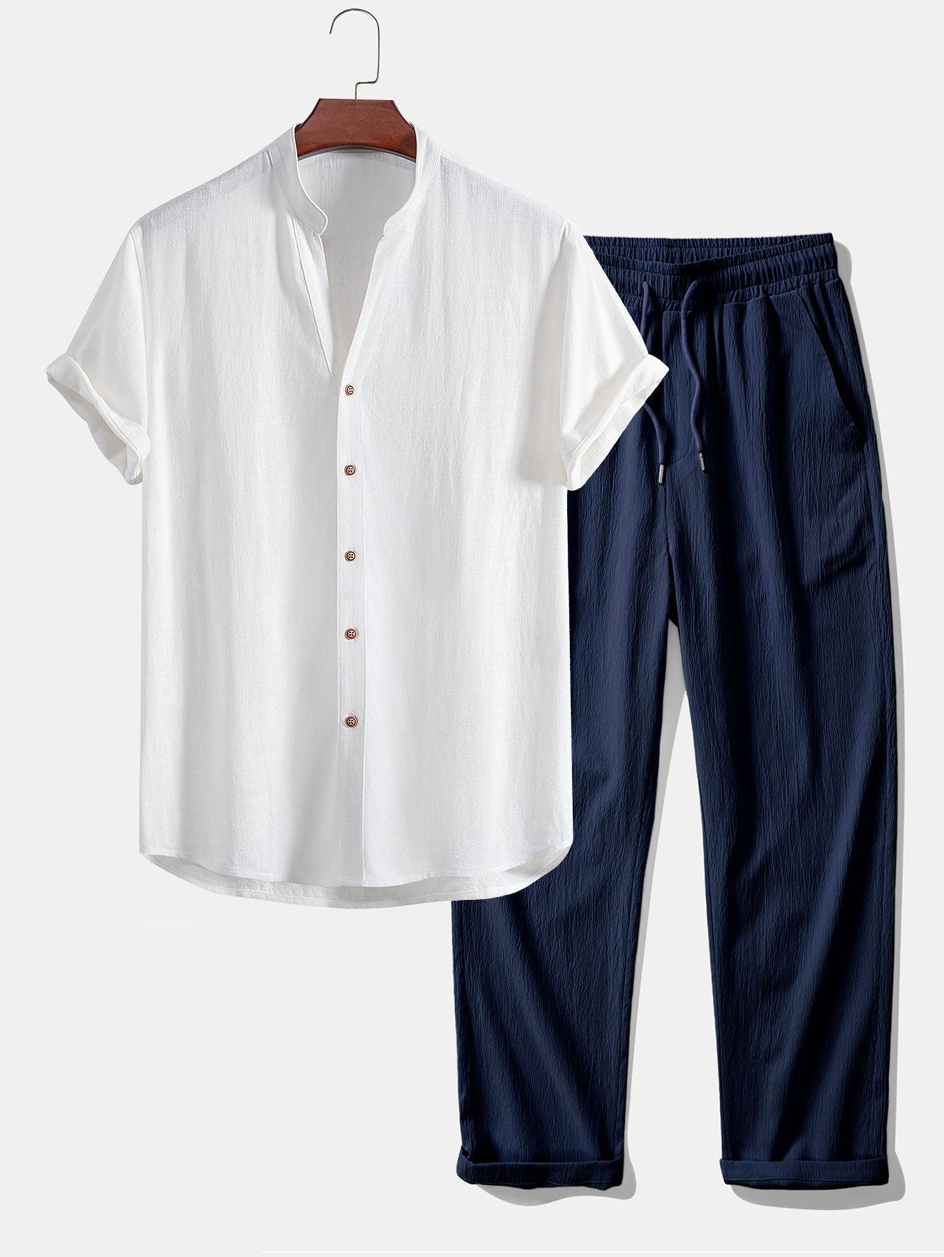 Short Sleeve V Neck Linen Rayon Blend Shirt & Wrinkle Textured Straight Leg Pants