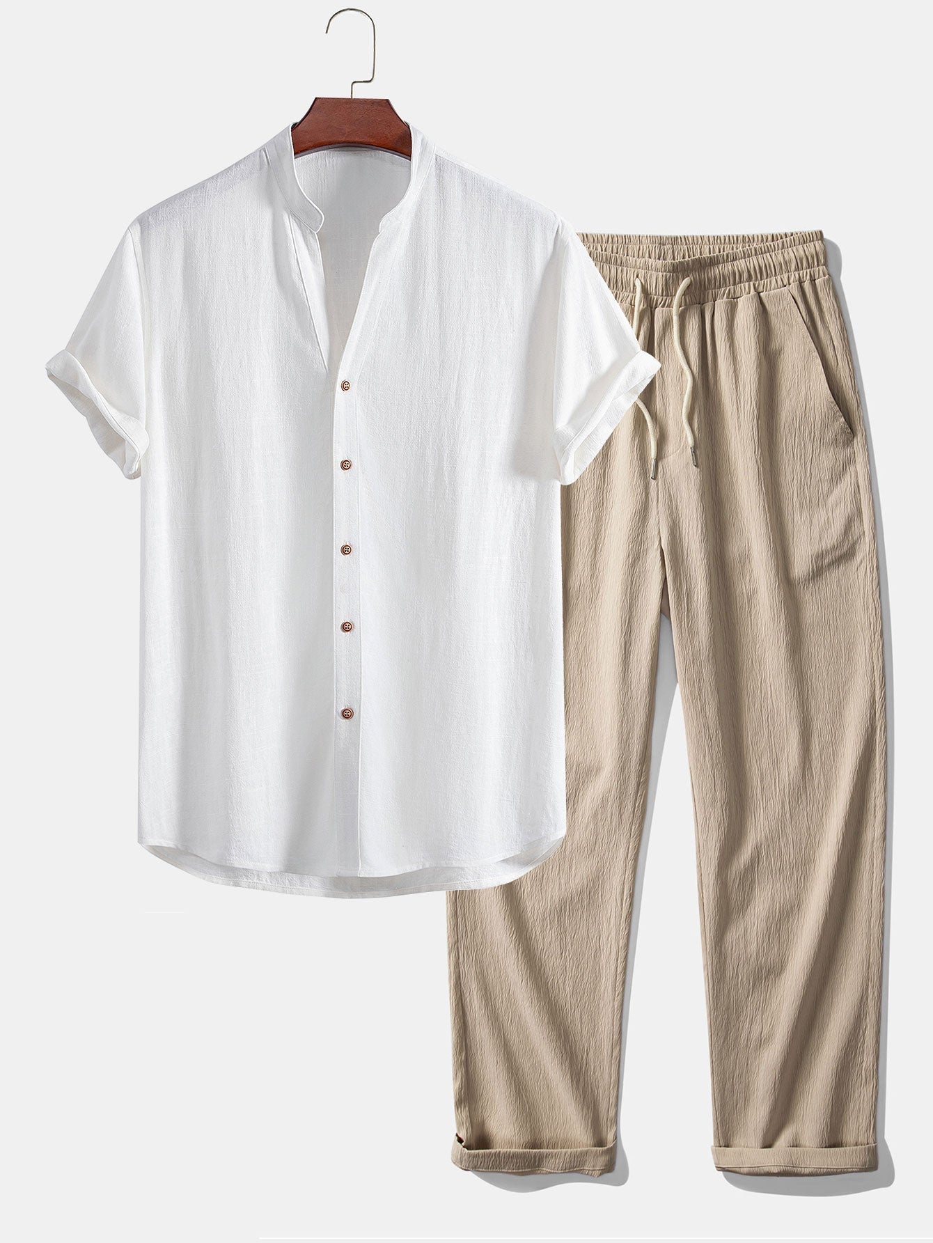 Short Sleeve V Neck Linen Rayon Blend Shirt & Wrinkle Textured Straight Leg Pants