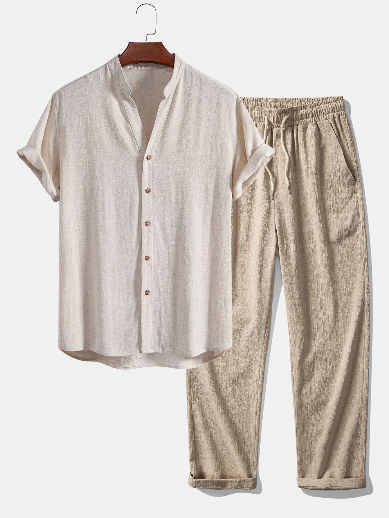 Short Sleeve V Neck Linen Rayon Blend Shirt & Wrinkle Textured Straight Leg Pants