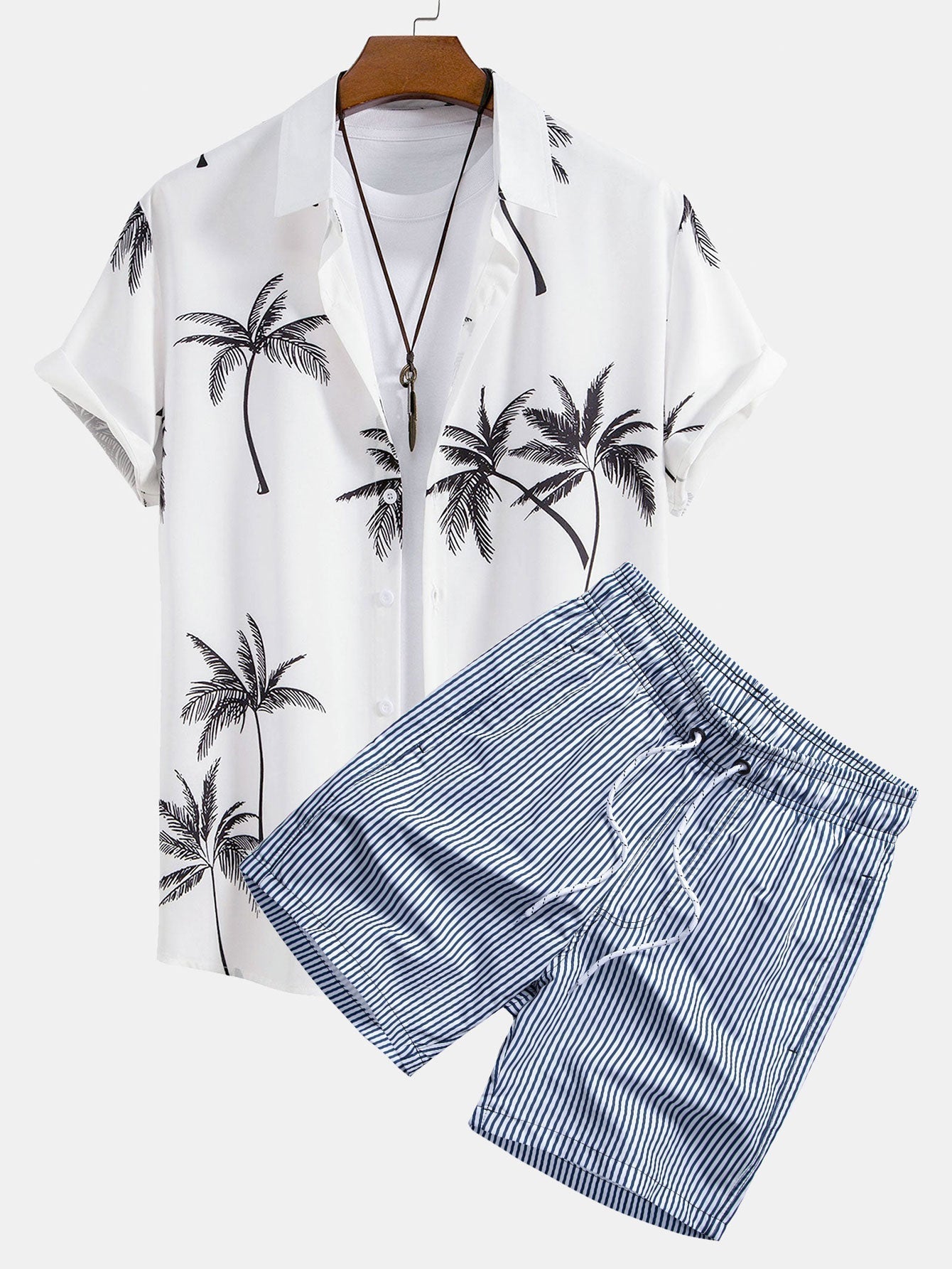 Palm Tree Print Button Up Shirt & Stripe Print Swim Shorts