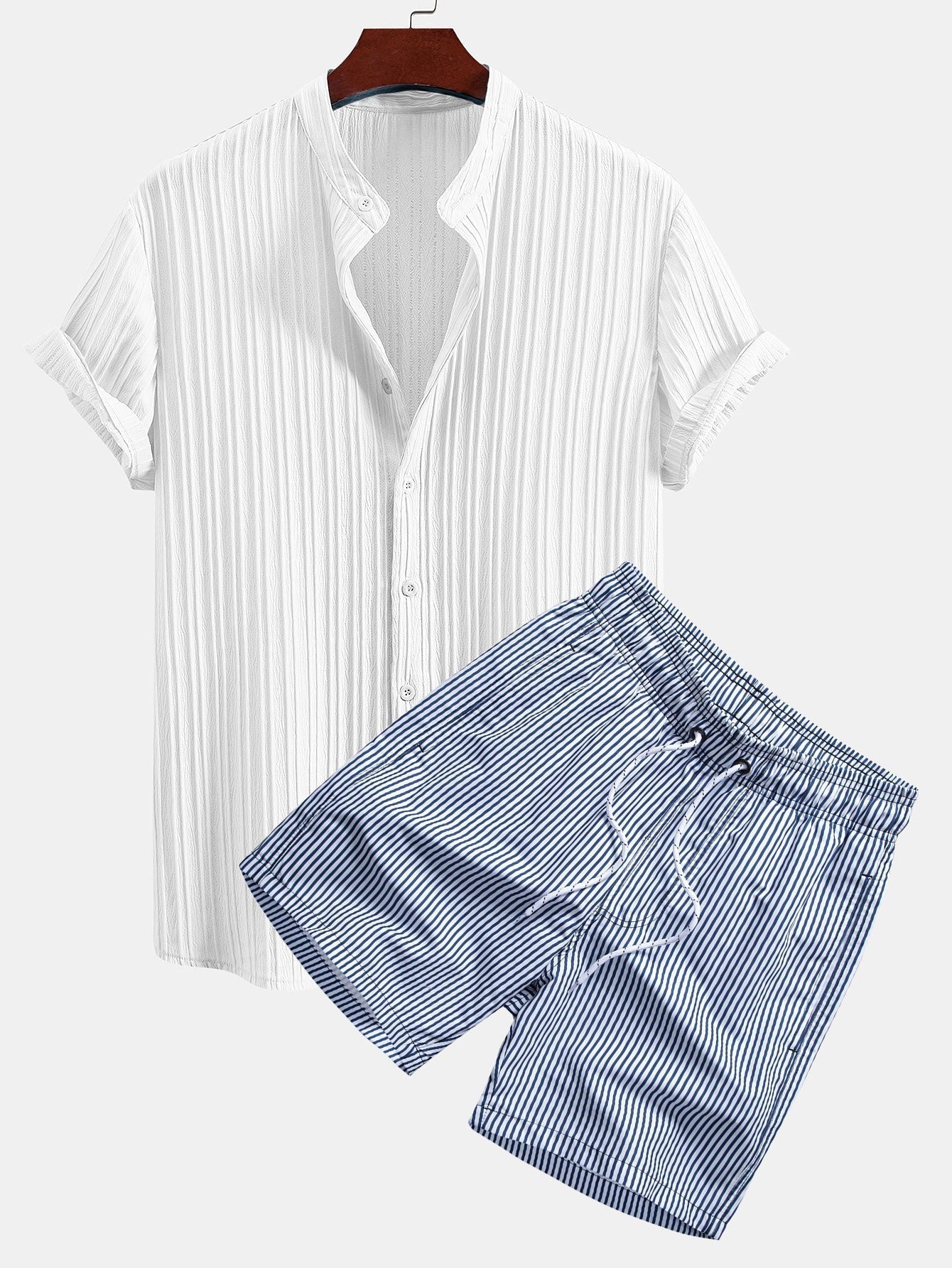 Textured Stand Collar Shirt & Stripe Print Swim Shorts