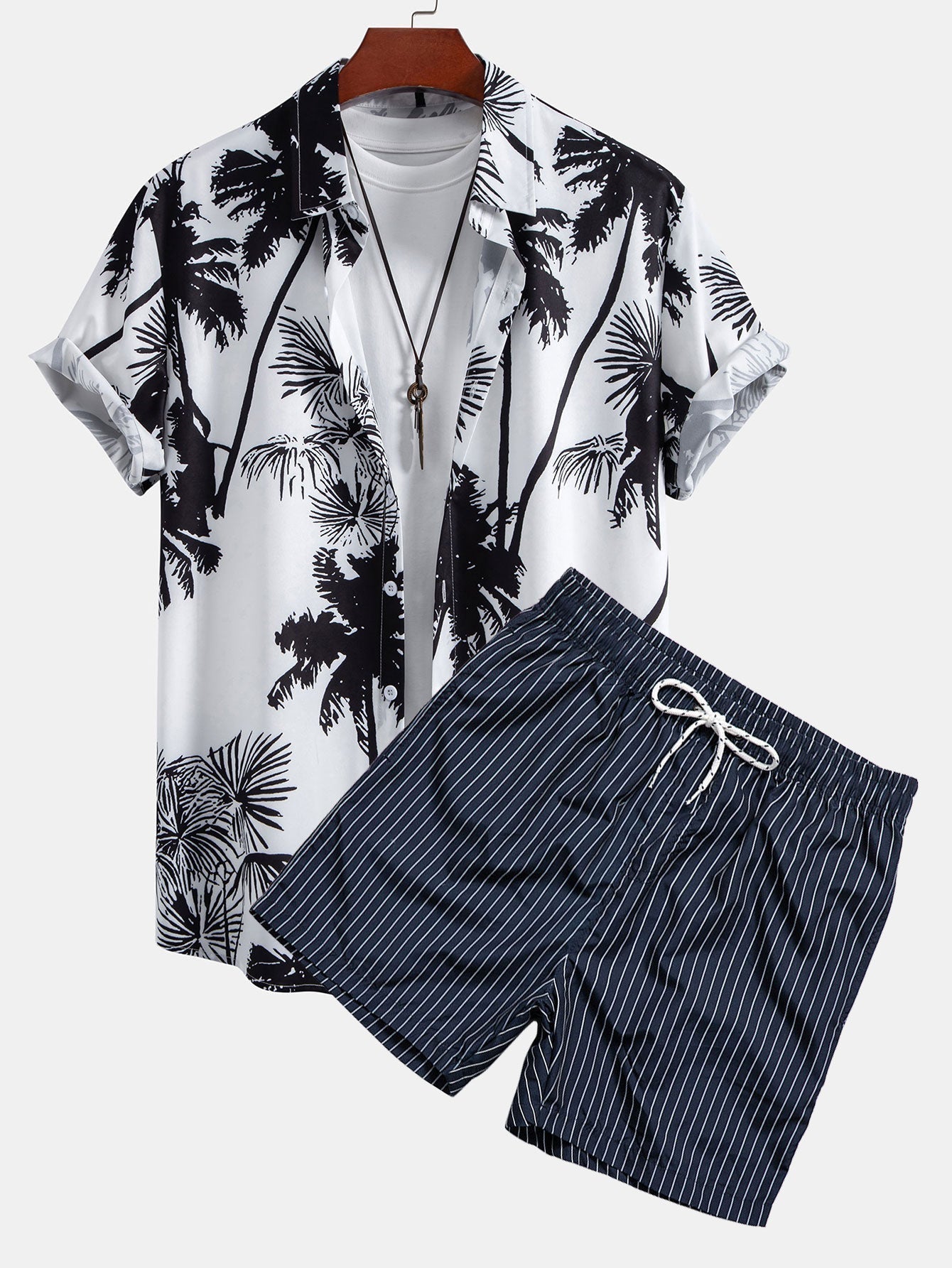 Palm Trees Print Button Up Shirt & Striped Print Swim Shorts