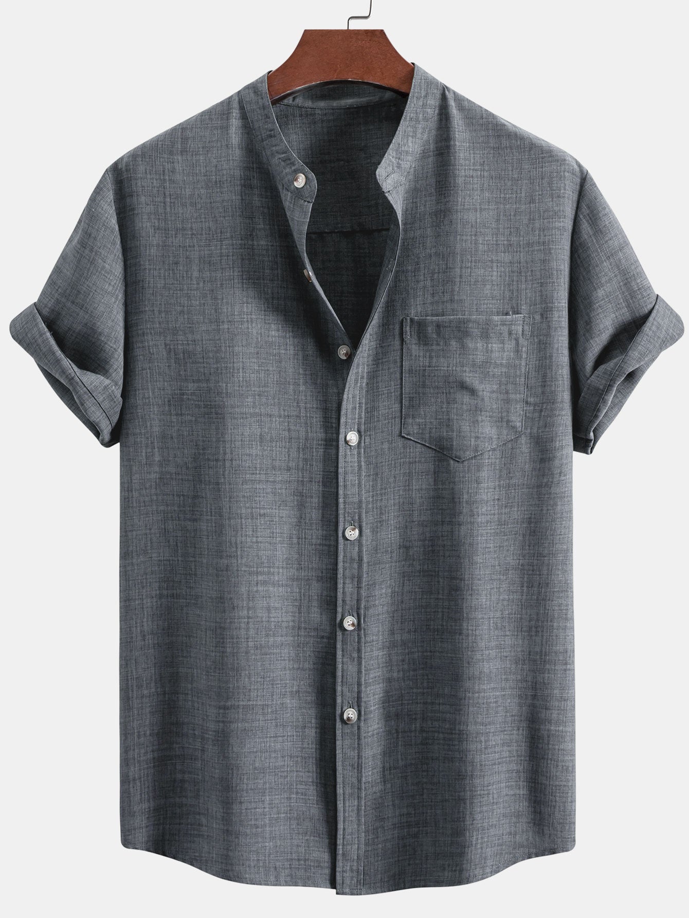 Short Sleeve Stand Collar Shirt & Straight Leg Linen Pants