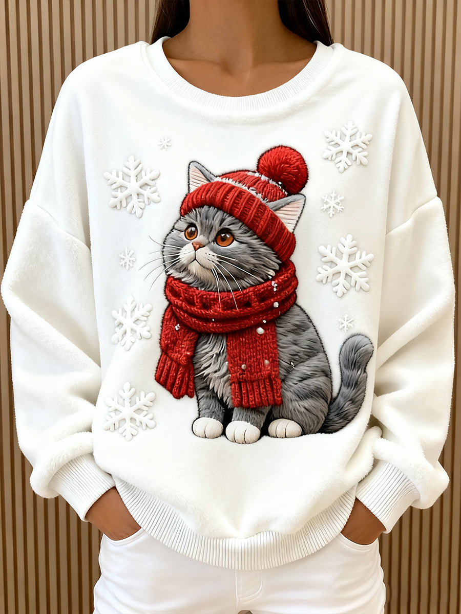 Sweat à Capuche Flanelle Casual avec Imprimé de Chat de Noël pour Femmes