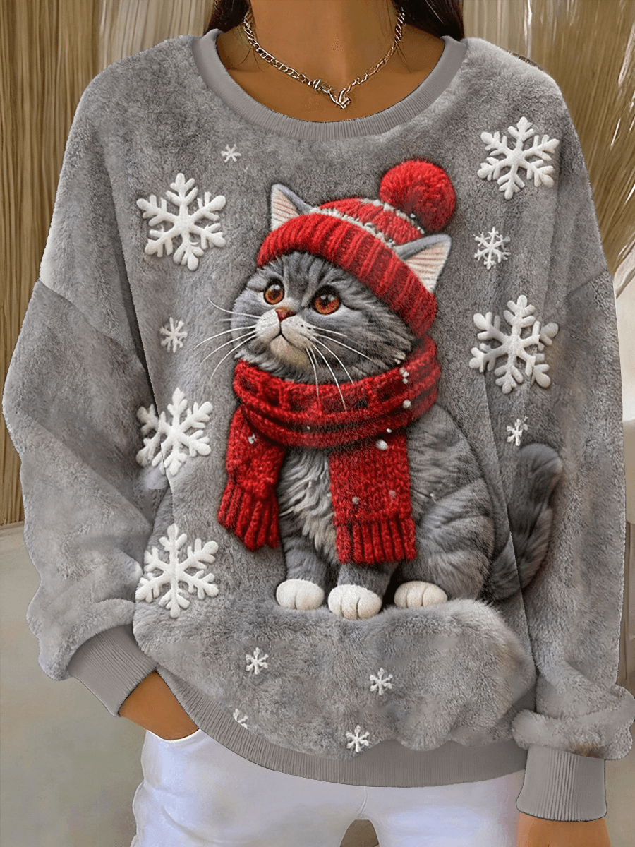 Sweat à Capuche Flanelle Casual avec Imprimé de Chat de Noël pour Femmes
