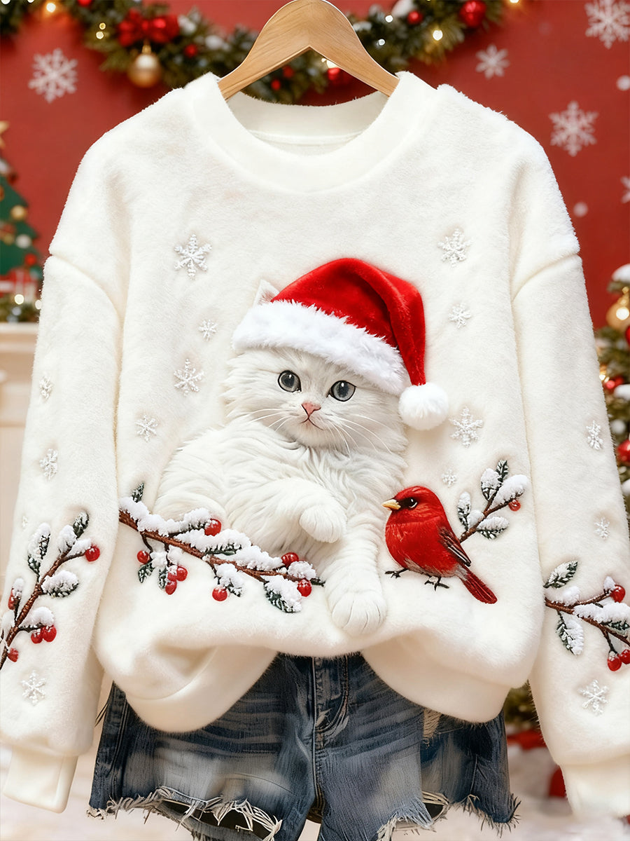 Sweatshirt Flanelle Décontracté Art de Chat de Noël pour Femmes