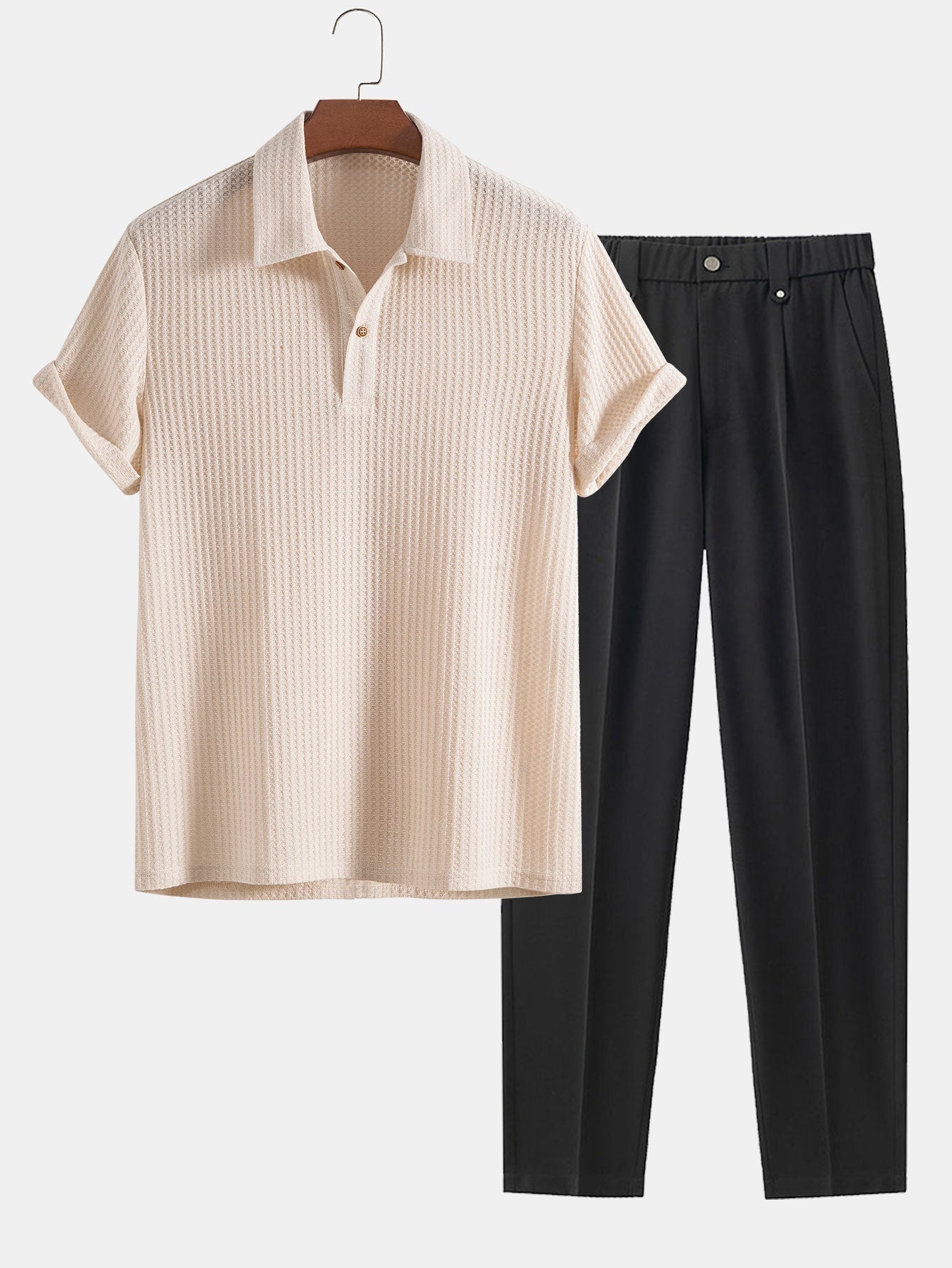 Knitted Waffle Polo Shirt & Slim Fit Cropped Tapered Pants
