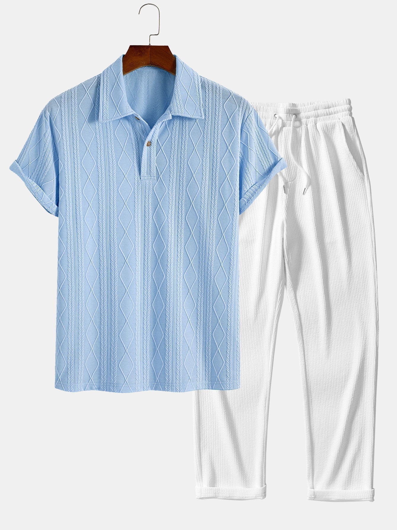 Knitted Geometric Rhombus Jacquard Polo & Straight Leg Ribbed Pants