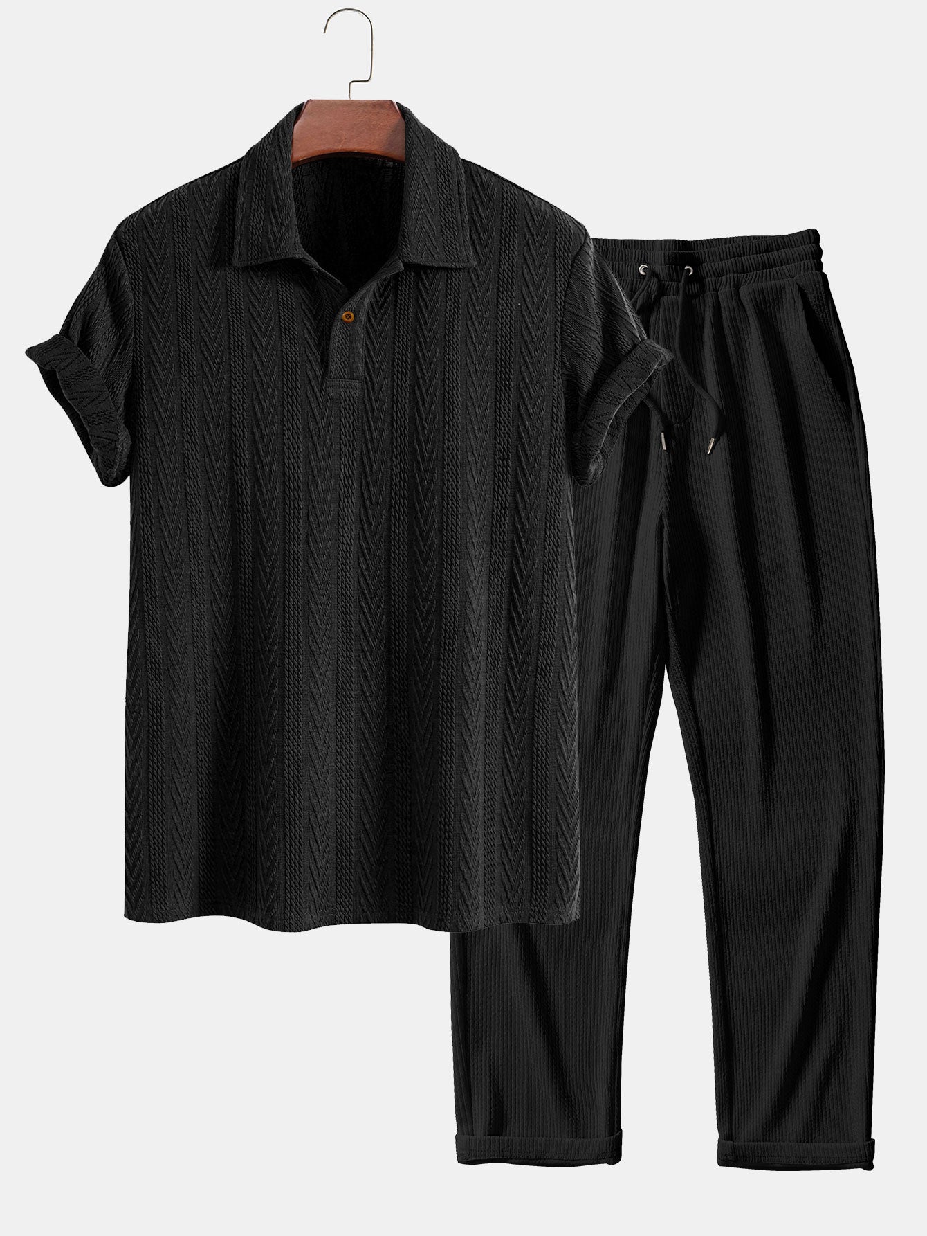 Short Sleeve Jacquard Polo & Straight Leg Ribbed Pants