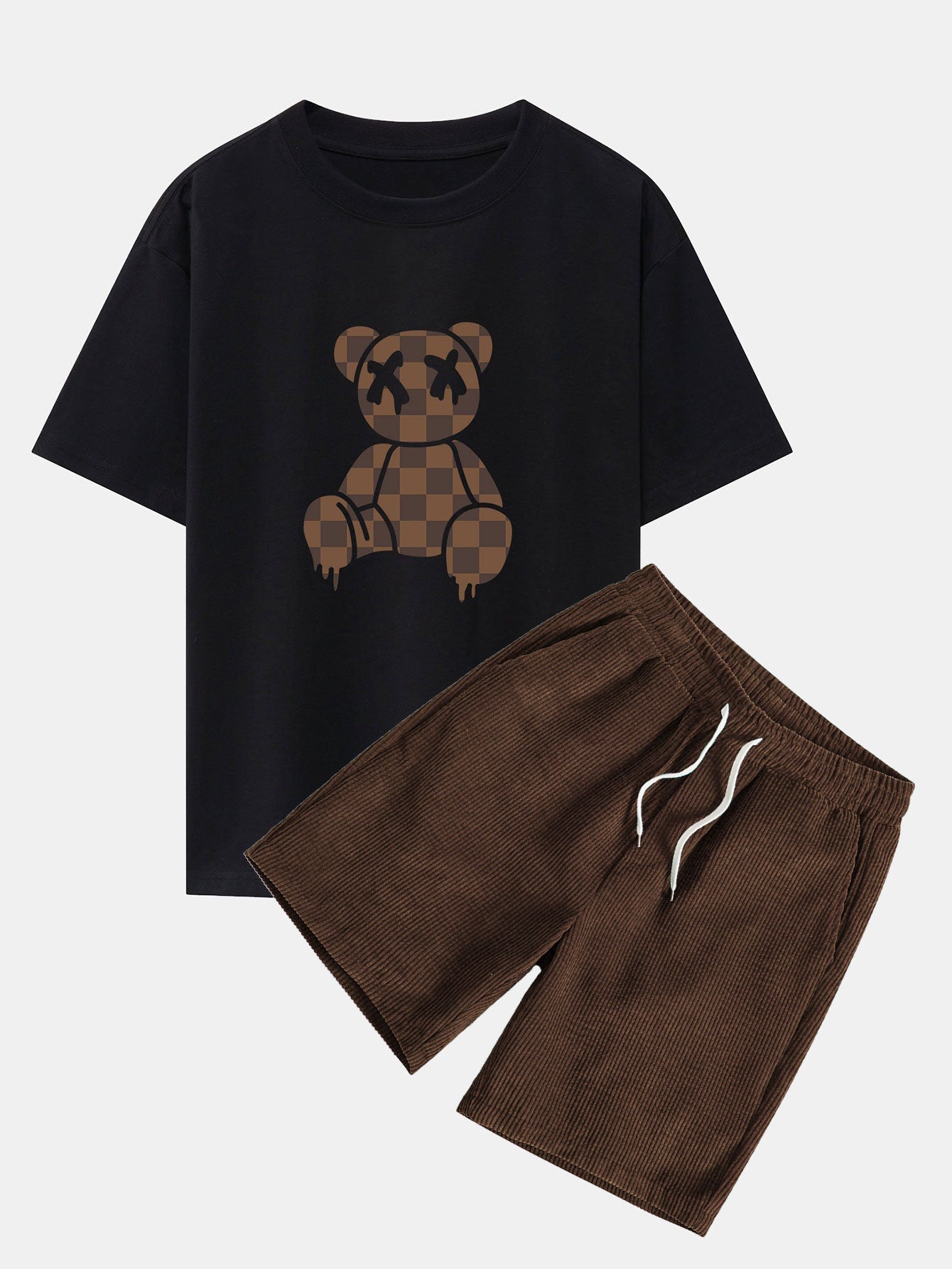 Checkerboard Dissolving Bear Drop Shoulder Oversize T-Shirt & Corduroy Shorts